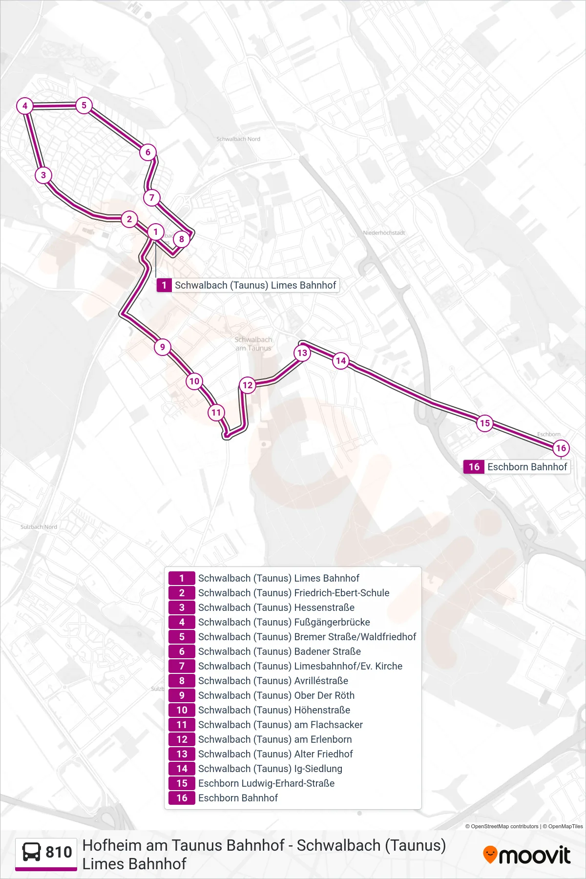 810 bus Line (Eschborn Bahnhof) route and stops on a map