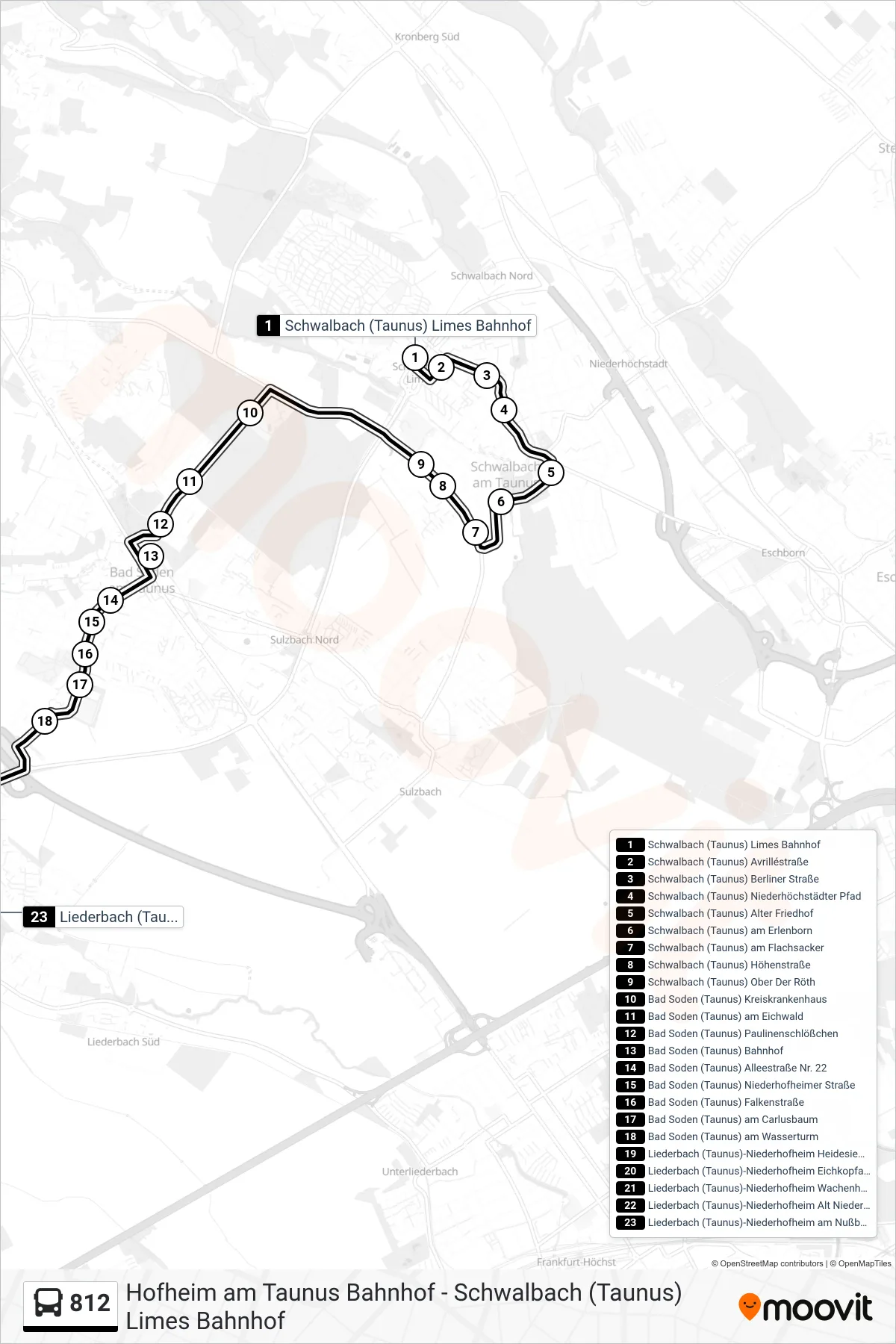 812 bus Line (Liederbach (Taunus)-Niederhofheim am Nußbaum) route and stops on a map
