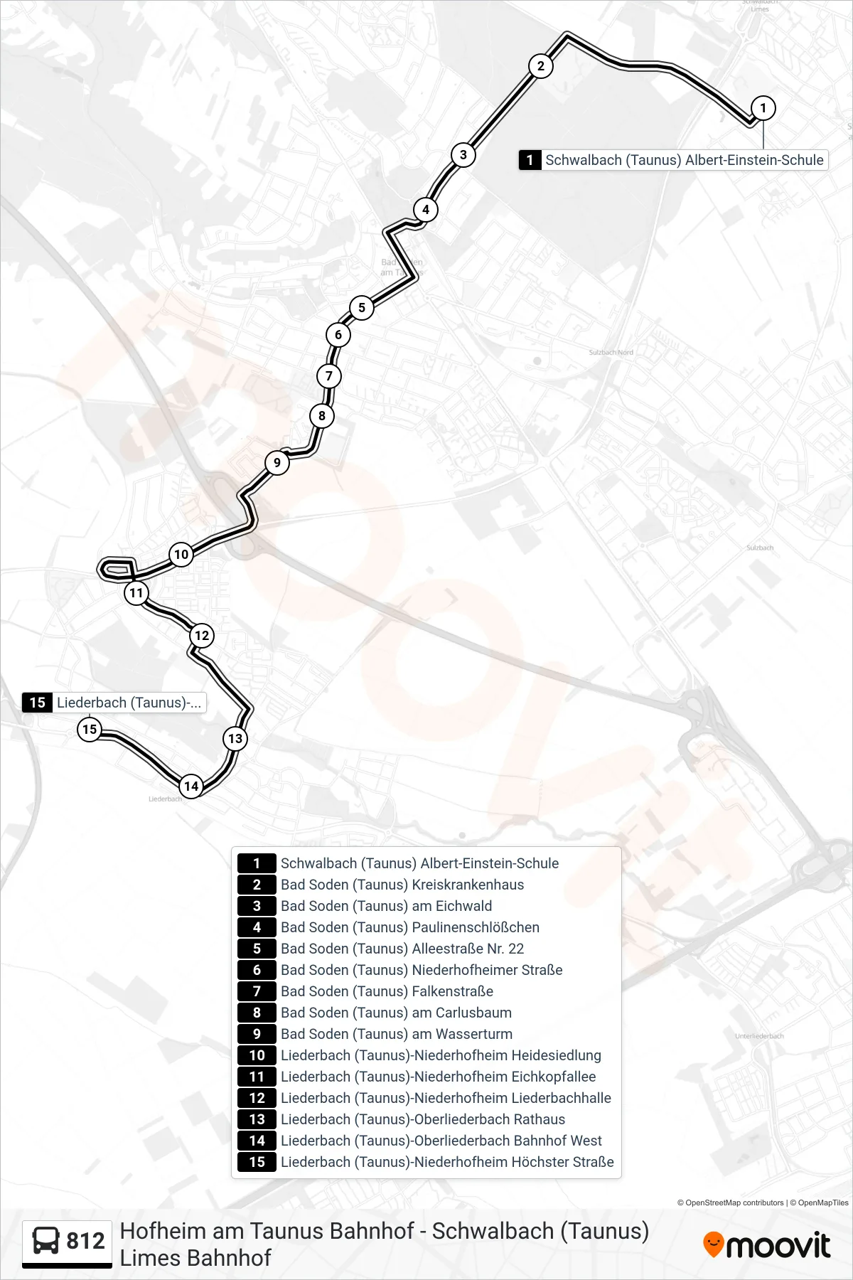 812 bus Line (Liederbach (Taunus)-Niederhofheim Höchster Straße) route and stops on a map