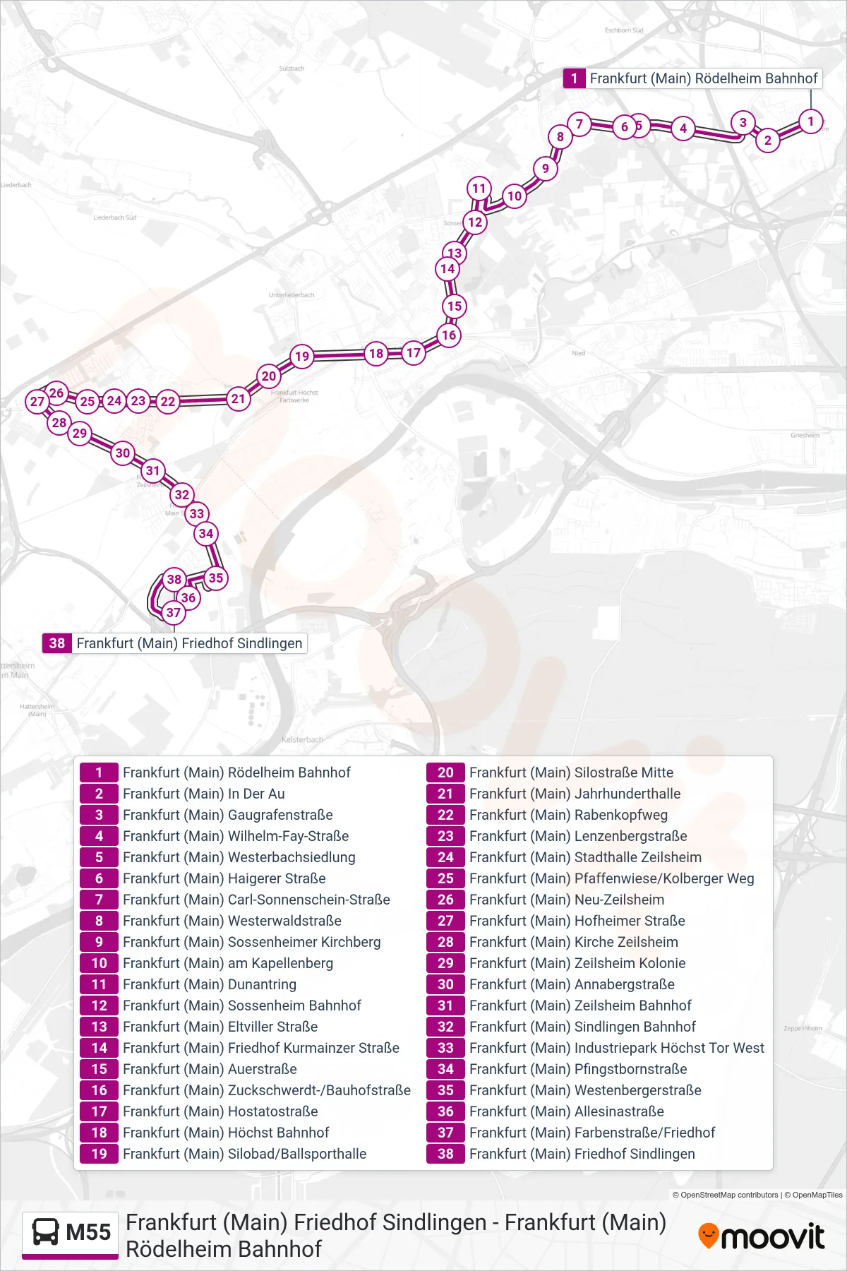 M55 bus Line (Frankfurt (Main) Friedhof Sindlingen) route and stops on a map