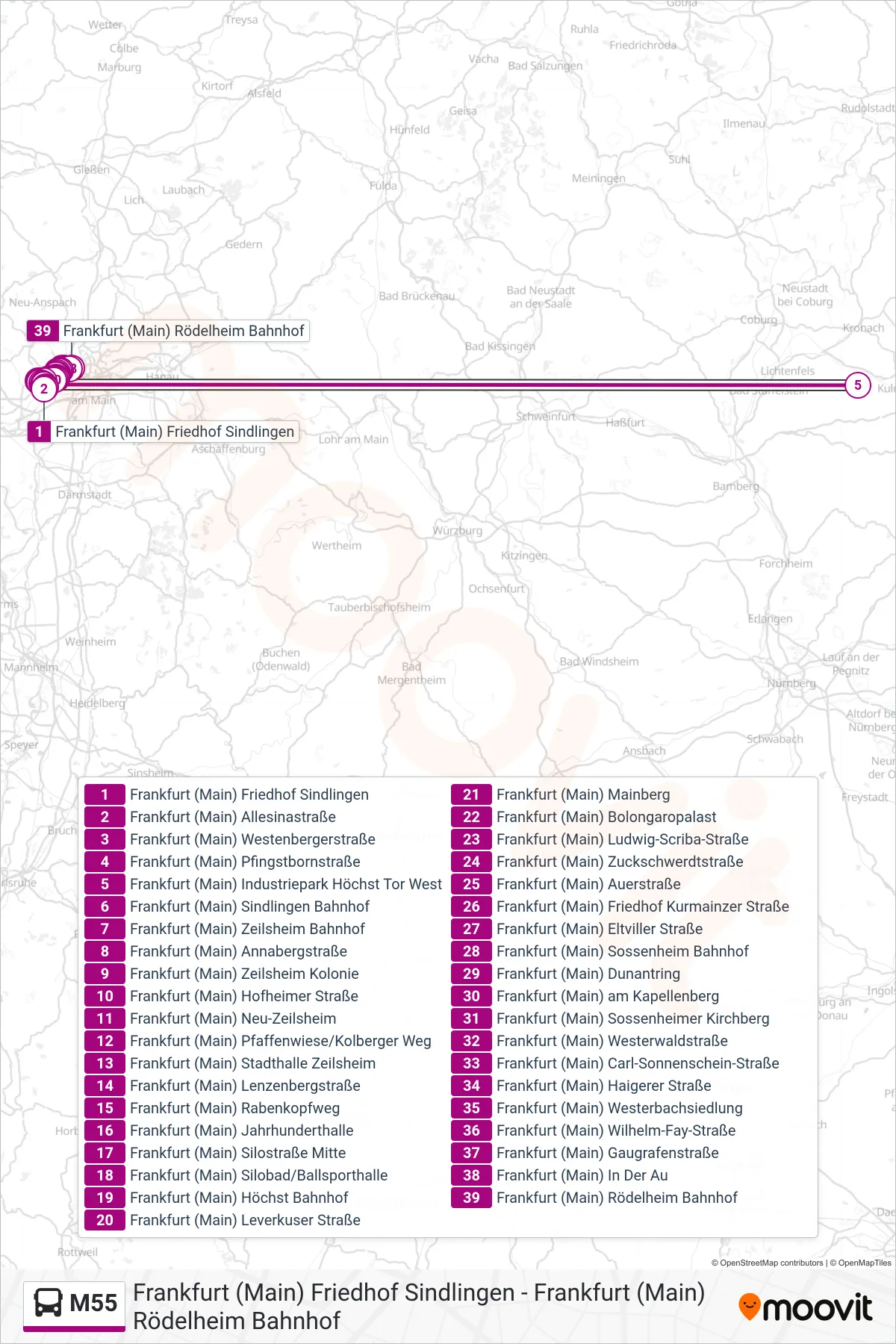 M55 bus Line (Frankfurt (Main) Rödelheim Bahnhof) route and stops on a map