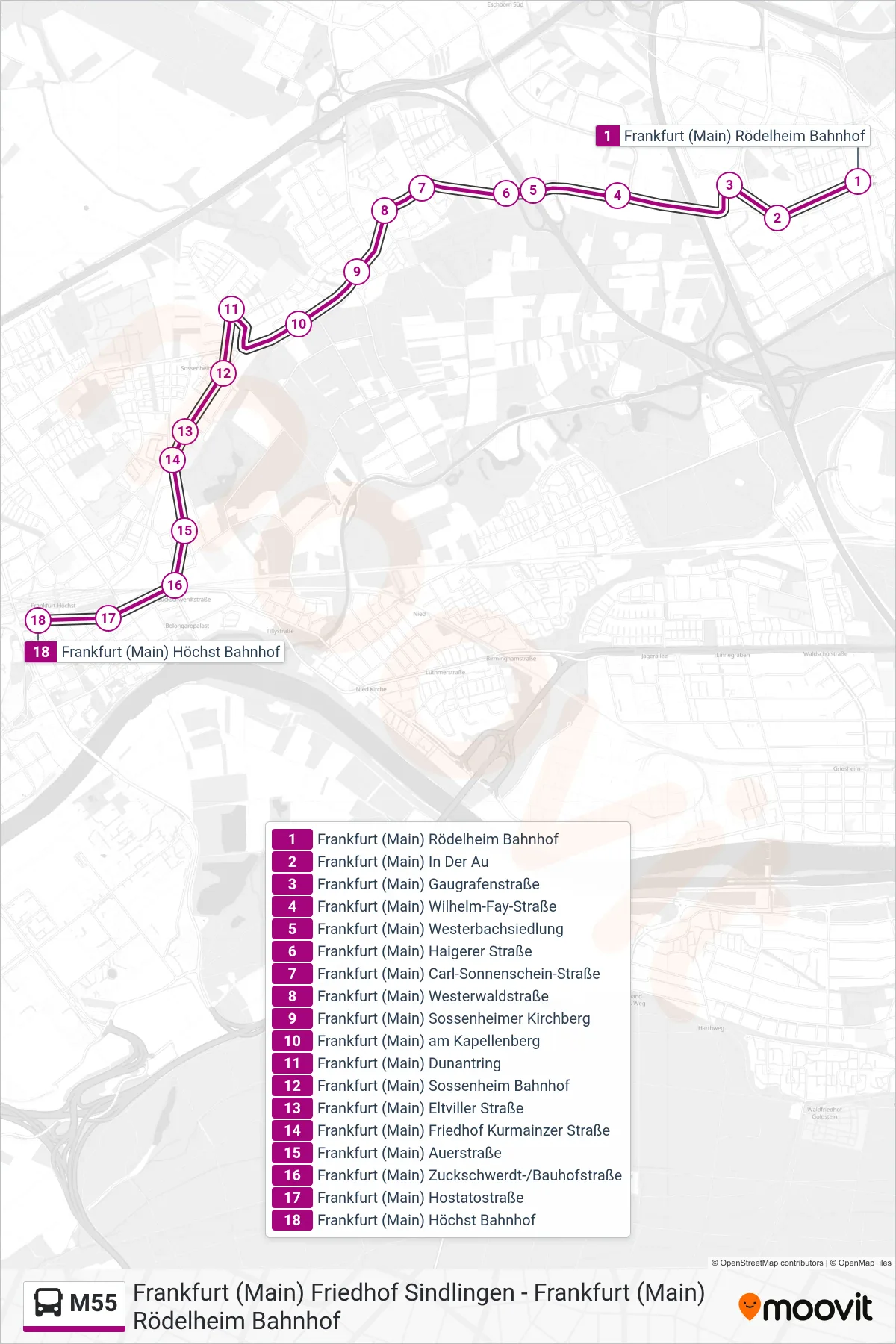Linie M55 (Bus) Richtung Frankfurt (Main) Höchst Bahnhof: Route und Haltestellen auf der Karte