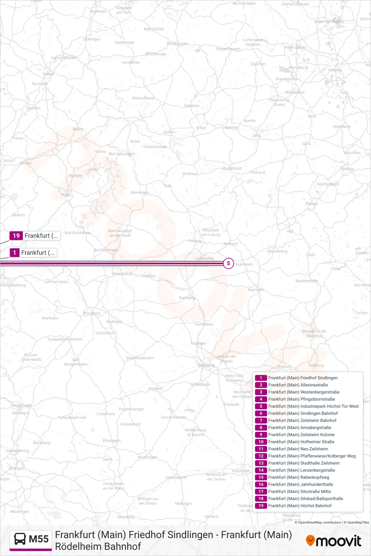 M55 bus Line (Frankfurt (Main) Höchst Bahnhof) route and stops on a map
