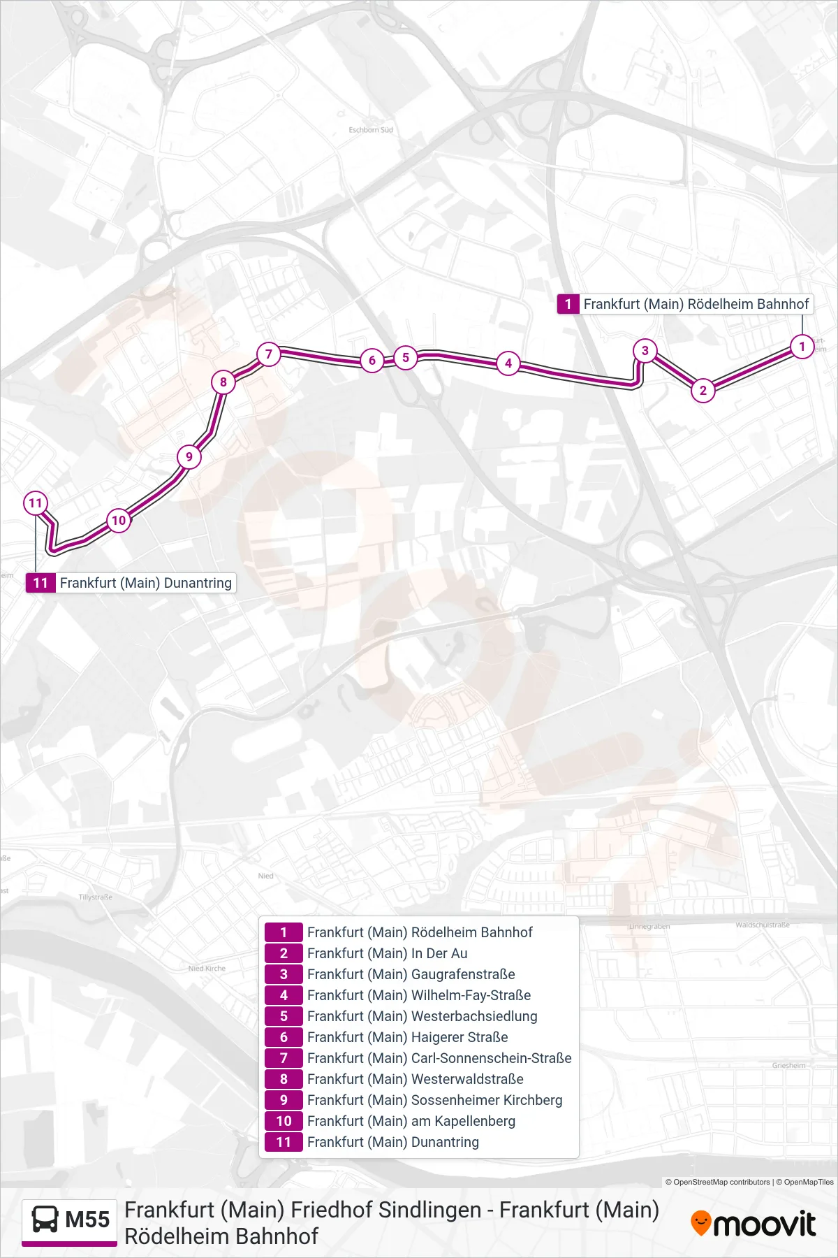 M55 bus Line (Frankfurt (Main) Dunantring) route and stops on a map