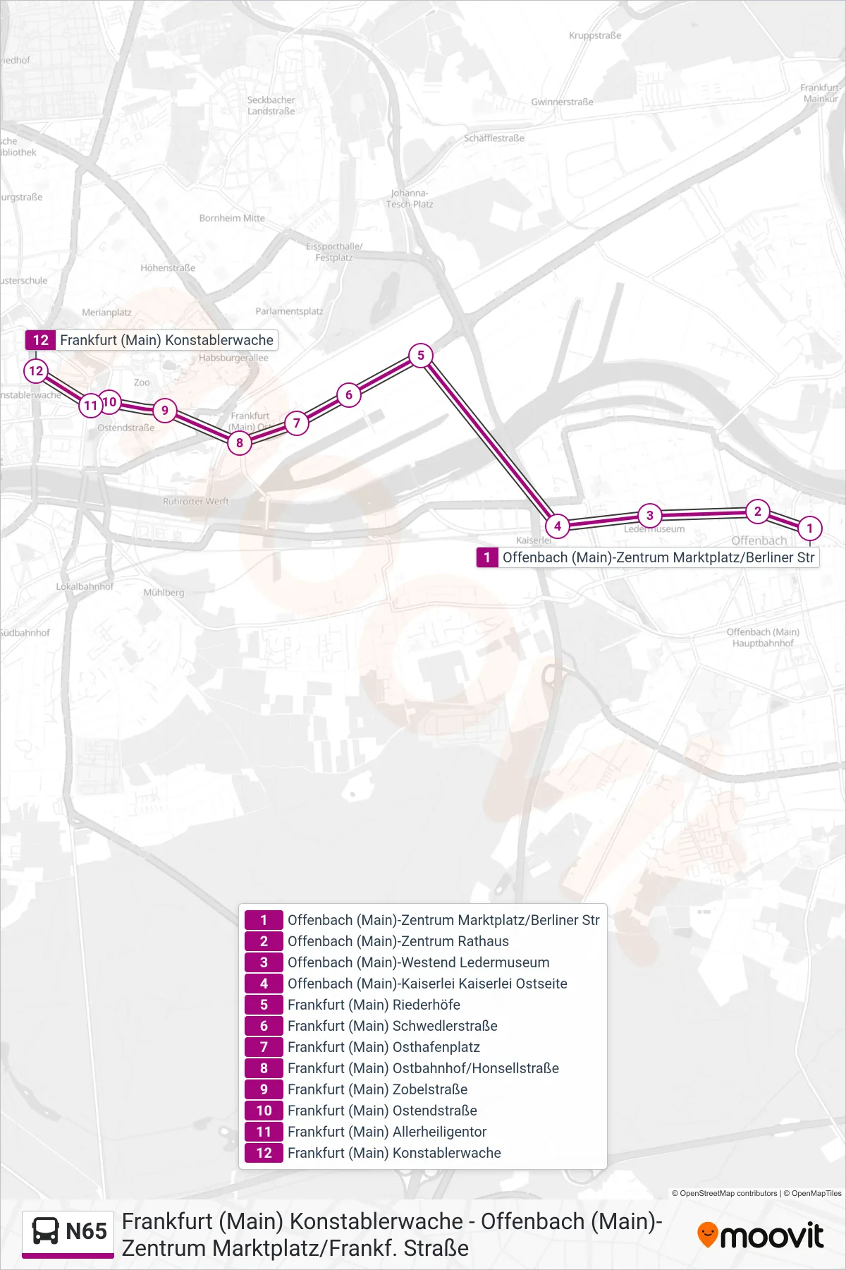 Linie N65 (Bus) Richtung Frankfurt (Main) Konstablerwache: Route und Haltestellen auf der Karte
