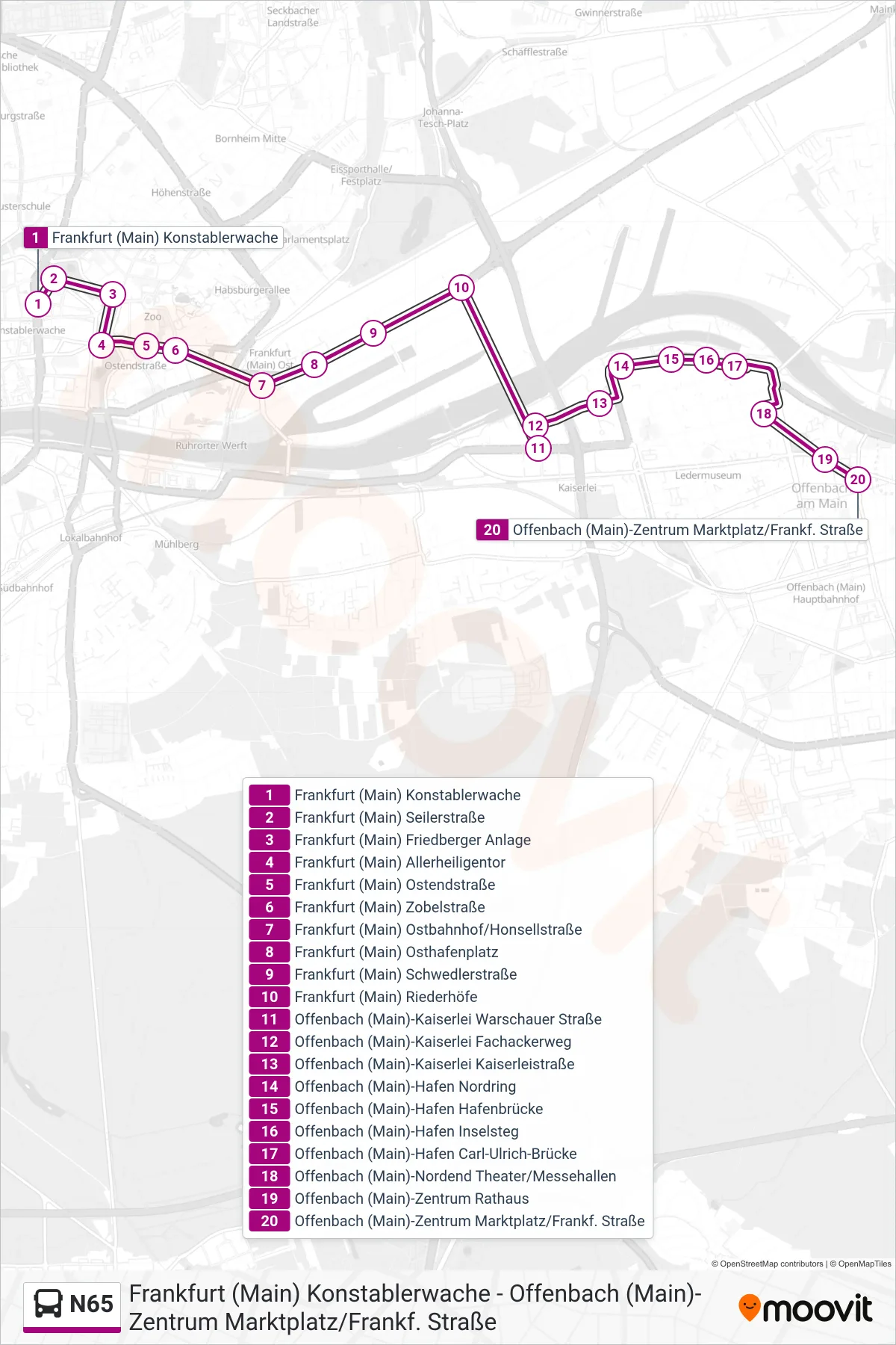 N65 bus Line (Offenbach (Main)-Zentrum Marktplatz/Frankf. Straße) route and stops on a map