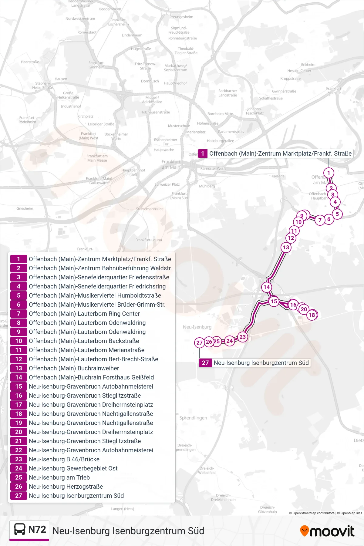 N72 bus Line (Neu-Isenburg Isenburgzentrum Süd) route and stops on a map