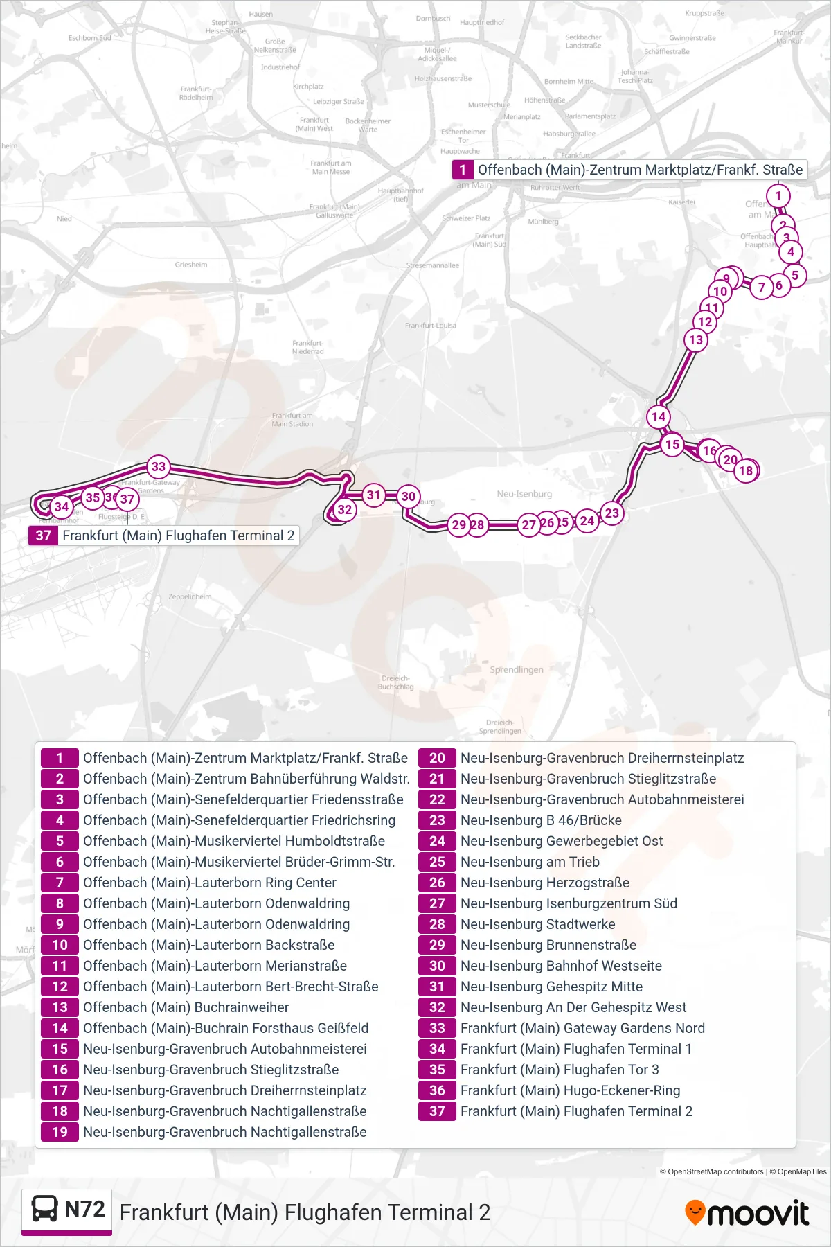 N72 bus Line (Frankfurt (Main) Flughafen Terminal 2) route and stops on a map