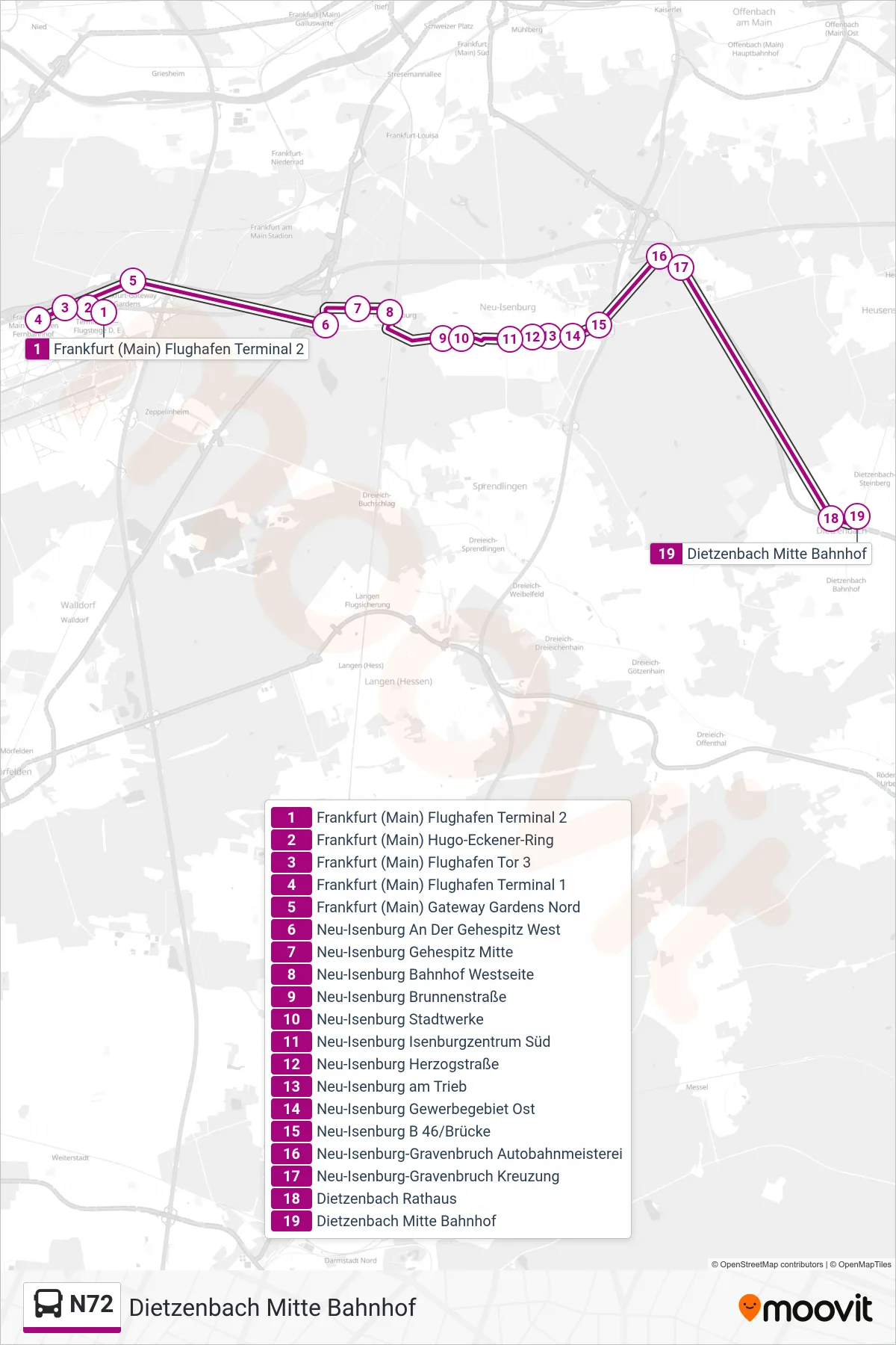 N72 bus Line (Dietzenbach Mitte Bahnhof) route and stops on a map