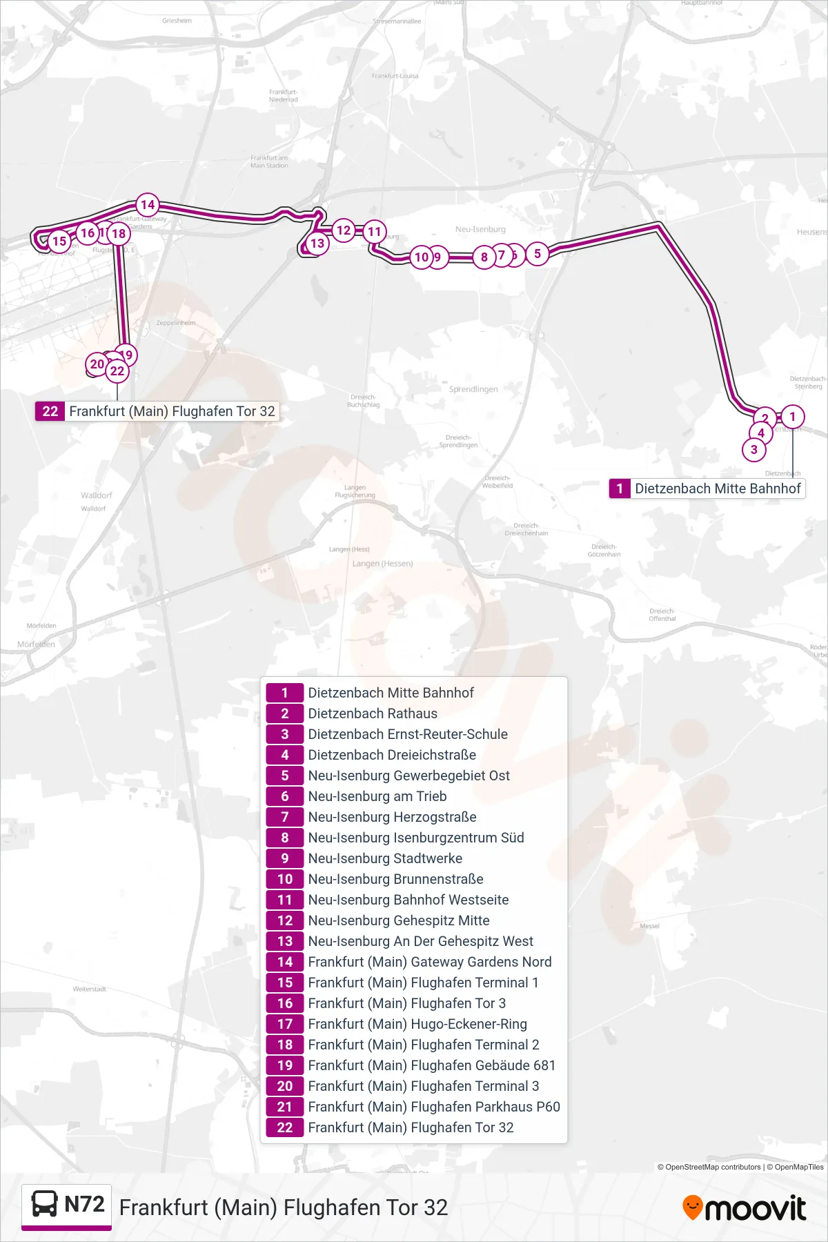 Linie N72 (Bus) Richtung Frankfurt (Main) Flughafen Tor 32: Route und Haltestellen auf der Karte