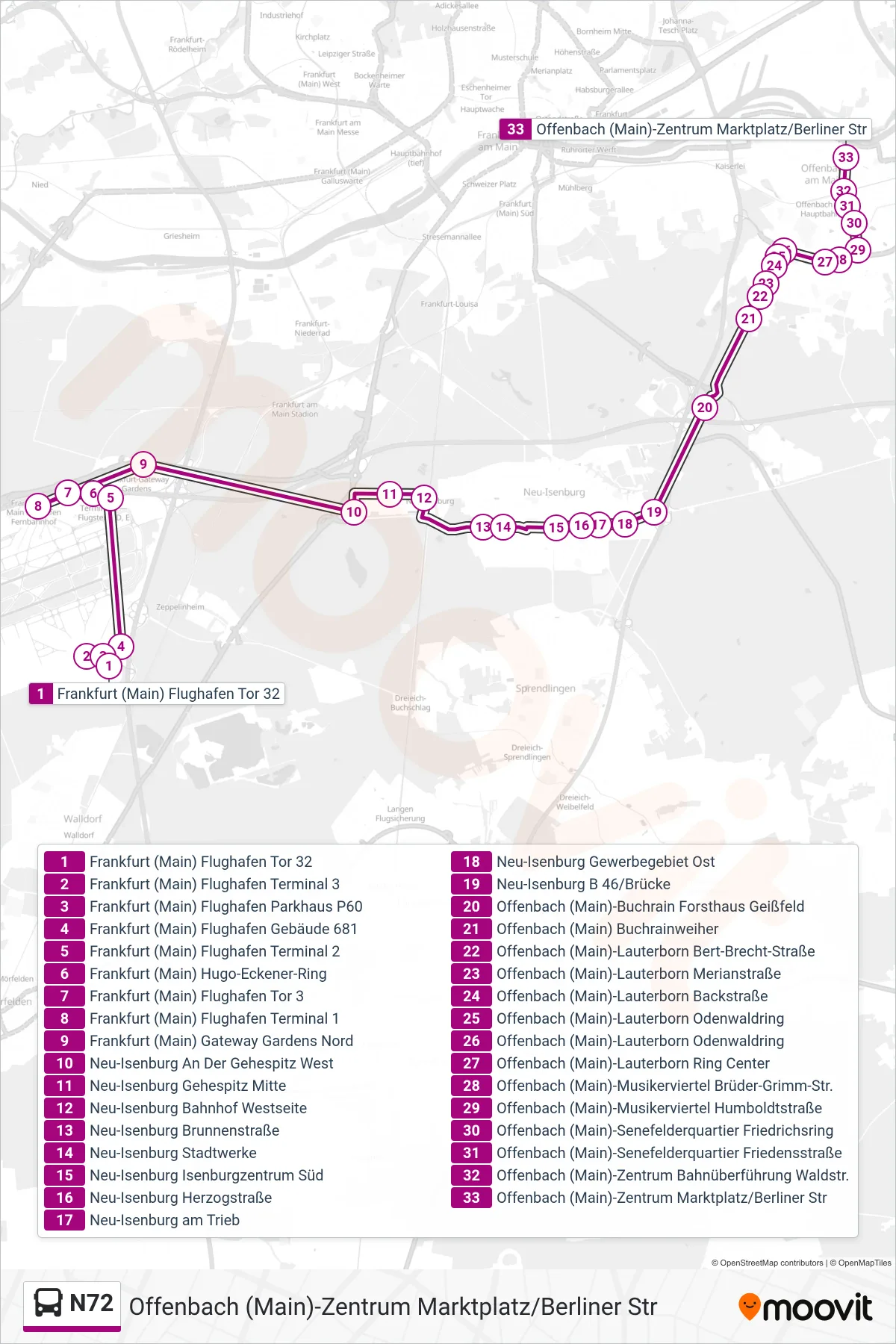 N72 bus Line (Offenbach (Main)-Zentrum Marktplatz/Berliner Str) route and stops on a map