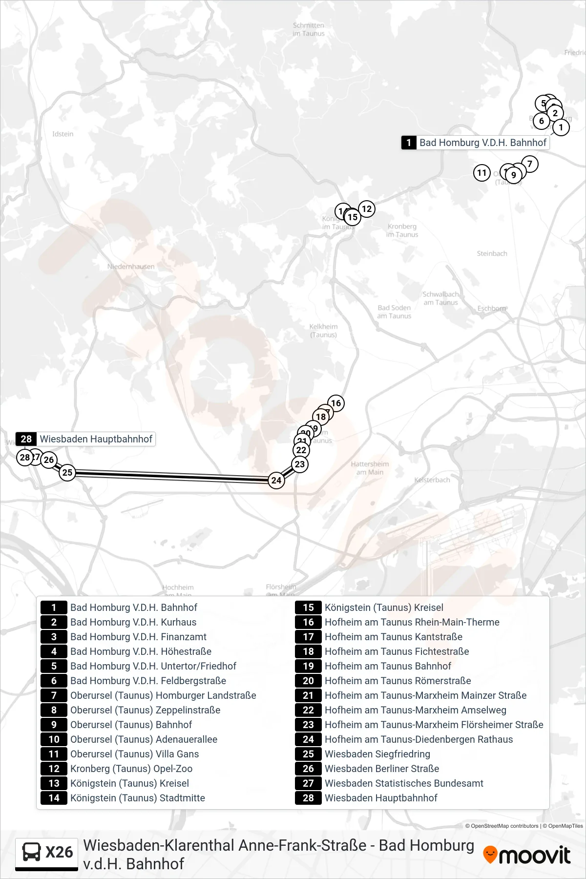 Linie X26 (Bus) Richtung Wiesbaden Hauptbahnhof: Route und Haltestellen auf der Karte