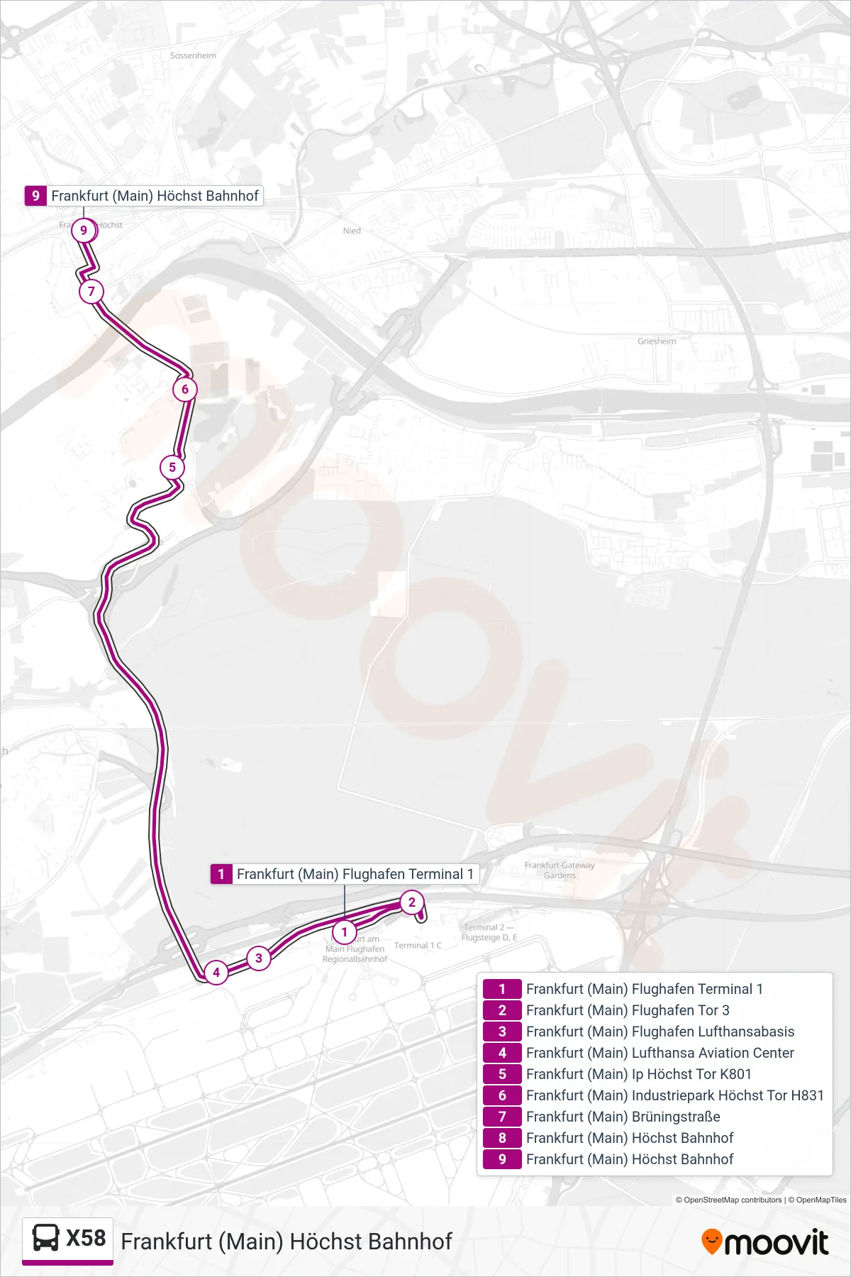 X58 bus Line (Frankfurt (Main) Höchst Bahnhof) route and stops on a map