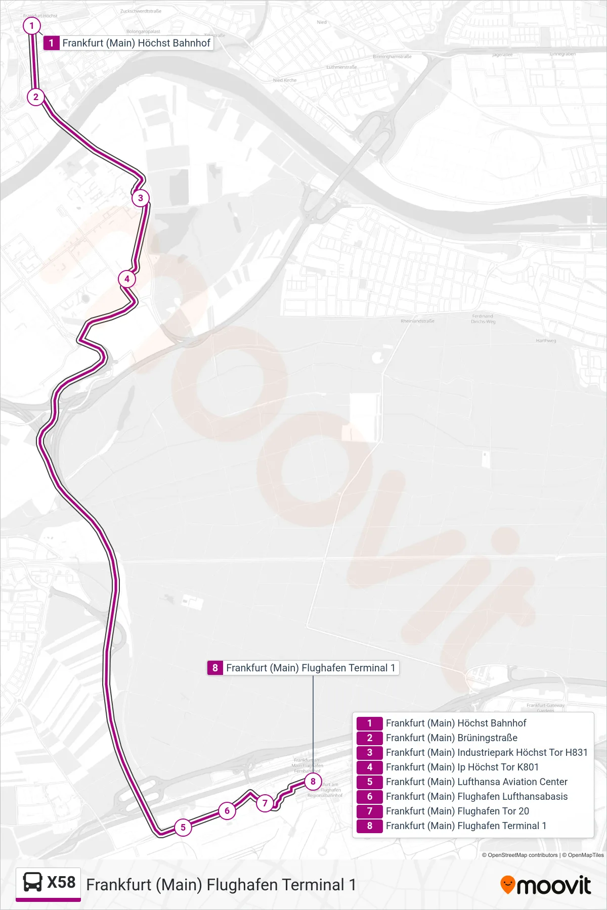 Linie X58 (Bus) Richtung Frankfurt (Main) Flughafen Terminal 1: Route und Haltestellen auf der Karte