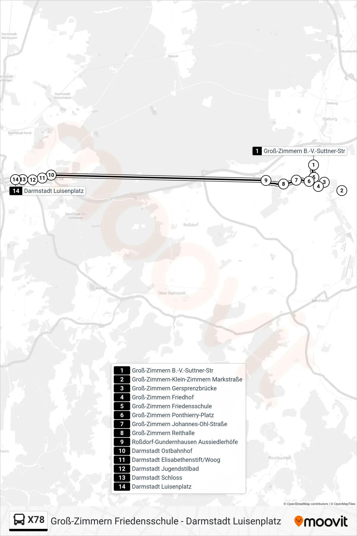 X78 bus Line (Darmstadt Luisenplatz) route and stops on a map