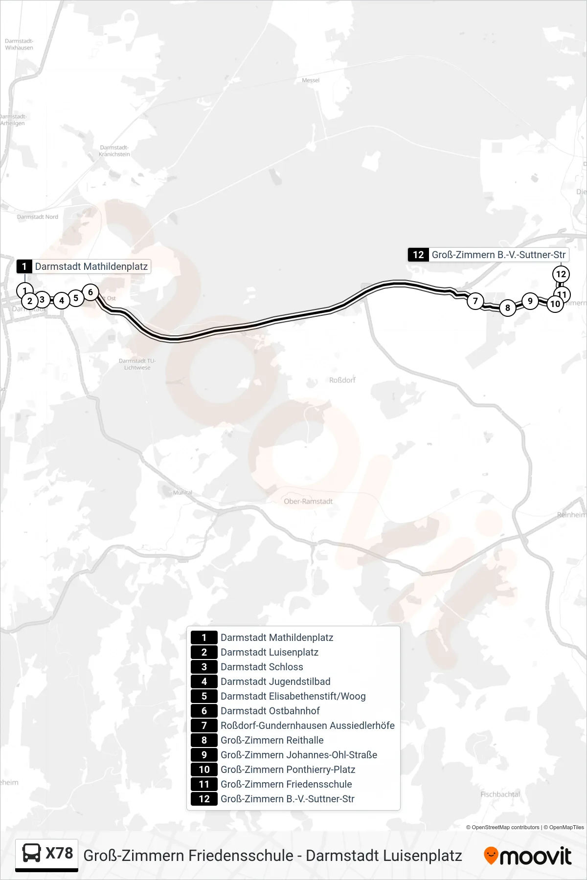 X78 bus Line (Groß-Zimmern B.-V.-Suttner-Str) route and stops on a map