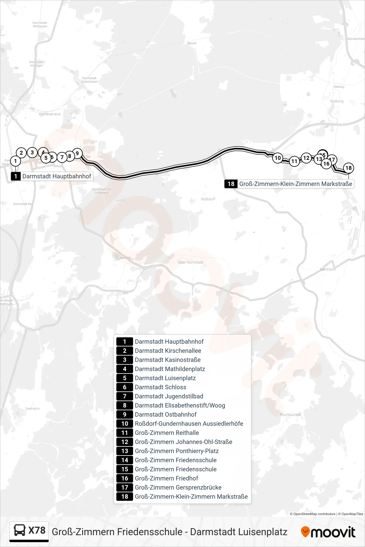 X78 bus Line (Groß-Zimmern-Klein-Zimmern Markstraße) route and stops on a map