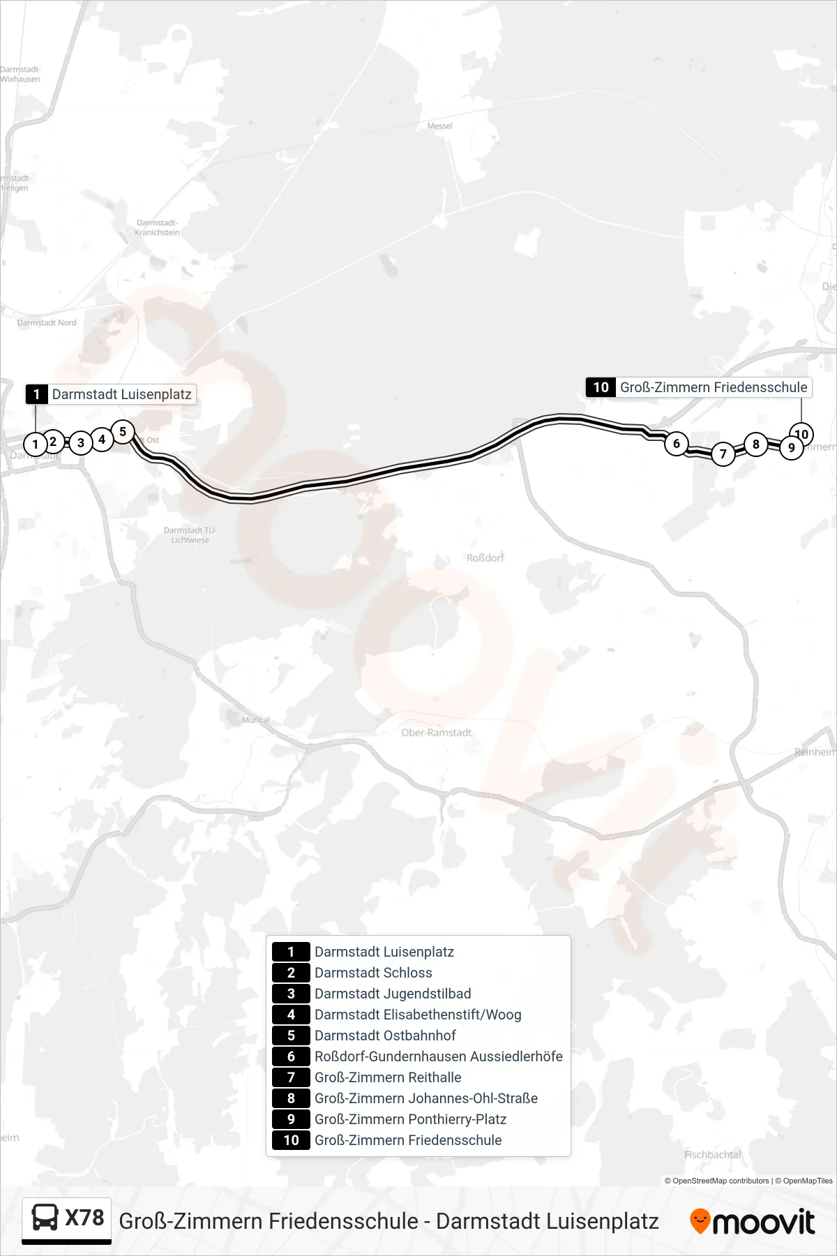 X78 bus Line (Groß-Zimmern Friedensschule) route and stops on a map