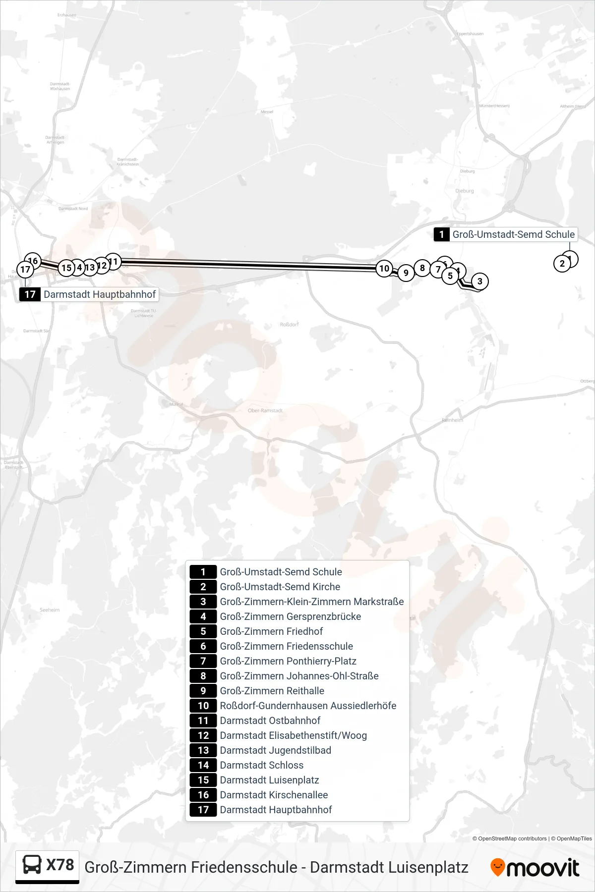 X78 bus Line (Darmstadt Hauptbahnhof) route and stops on a map