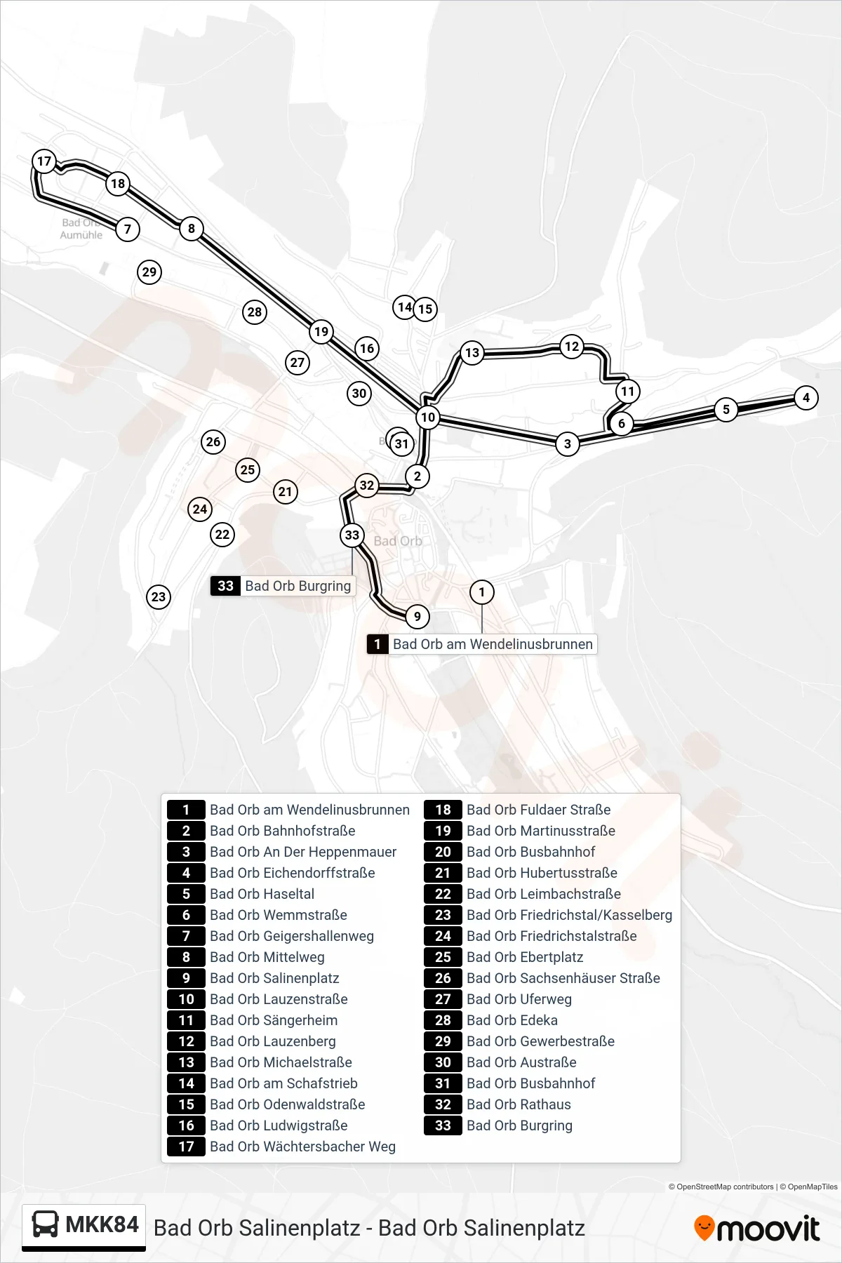 MKK84 bus Line (Bad Orb Salinenplatz) route and stops on a map