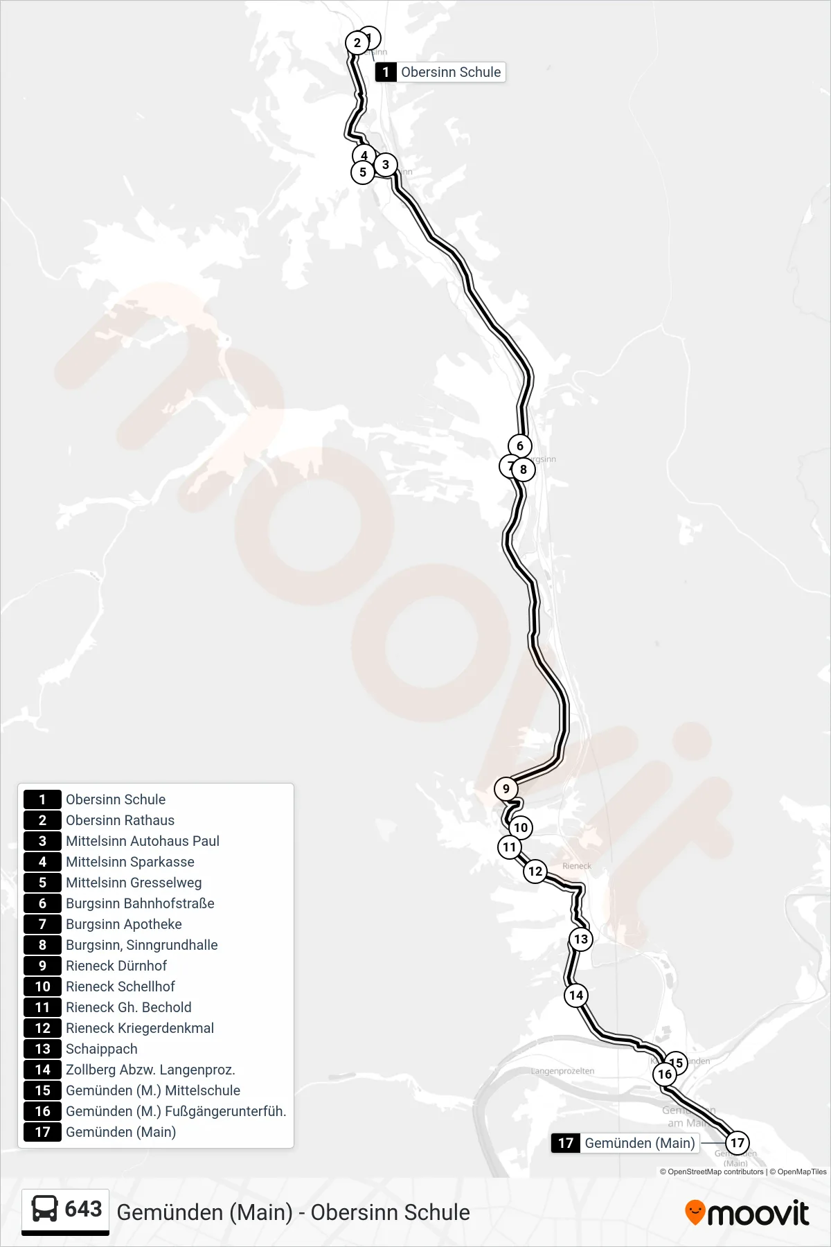 643 bus Line (Gemünden, Bahnhof) route and stops on a map