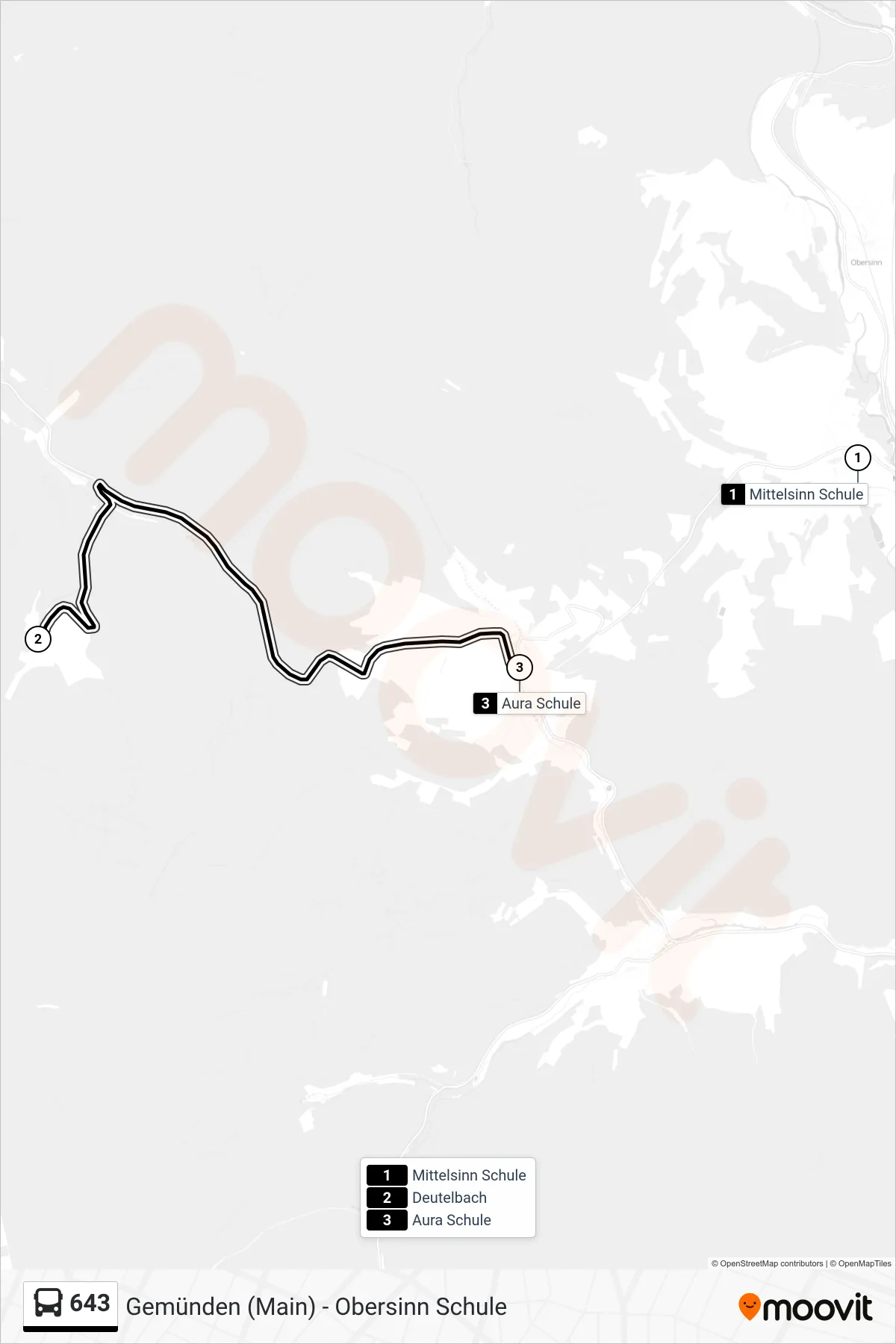 643 bus Line (Aura, Schule) route and stops on a map