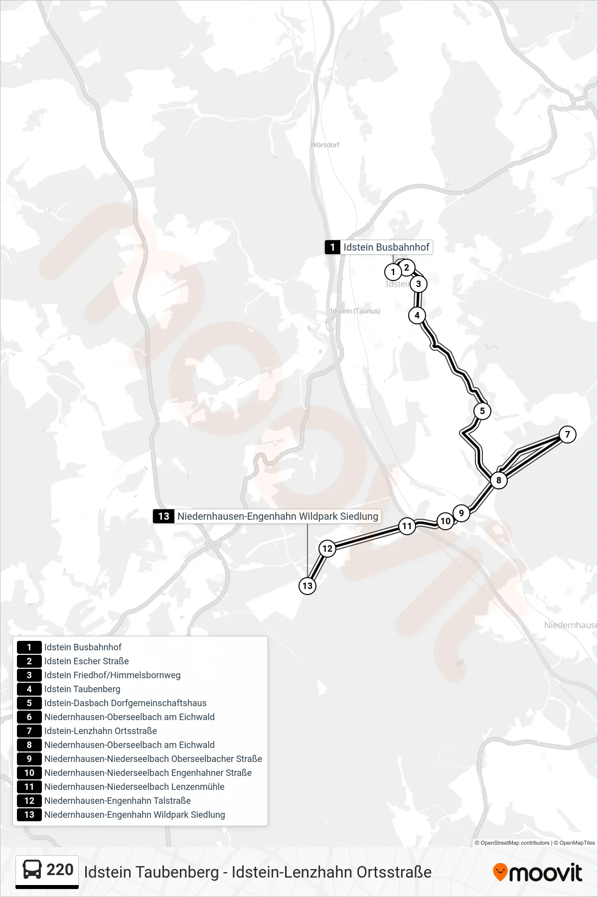 220 bus Line (Niedernhausen-Engenhahn Wildpark Siedlung) route and stops on a map