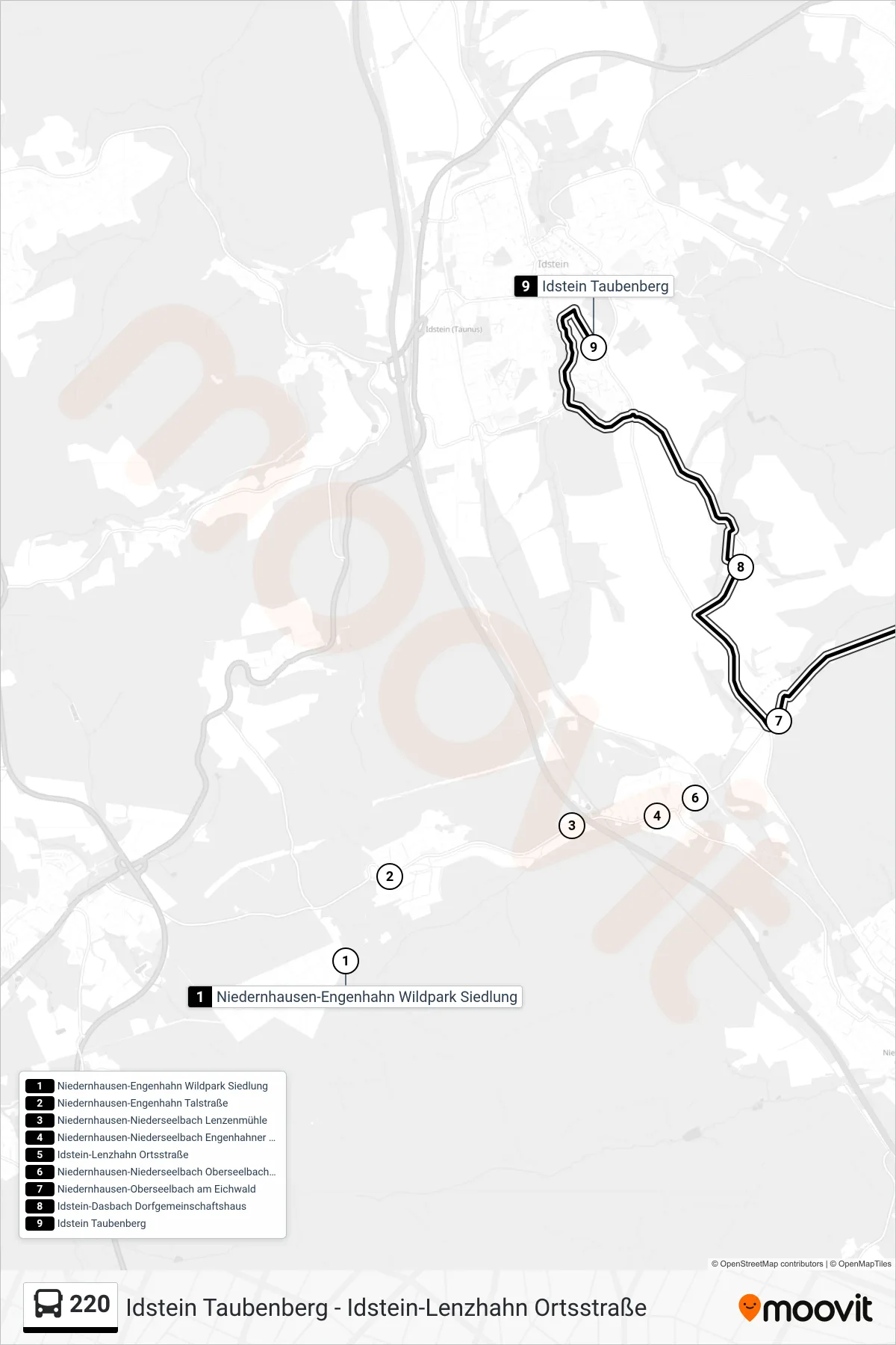Linie 220 (Bus) Richtung Idstein Taubenberg: Route und Haltestellen auf der Karte