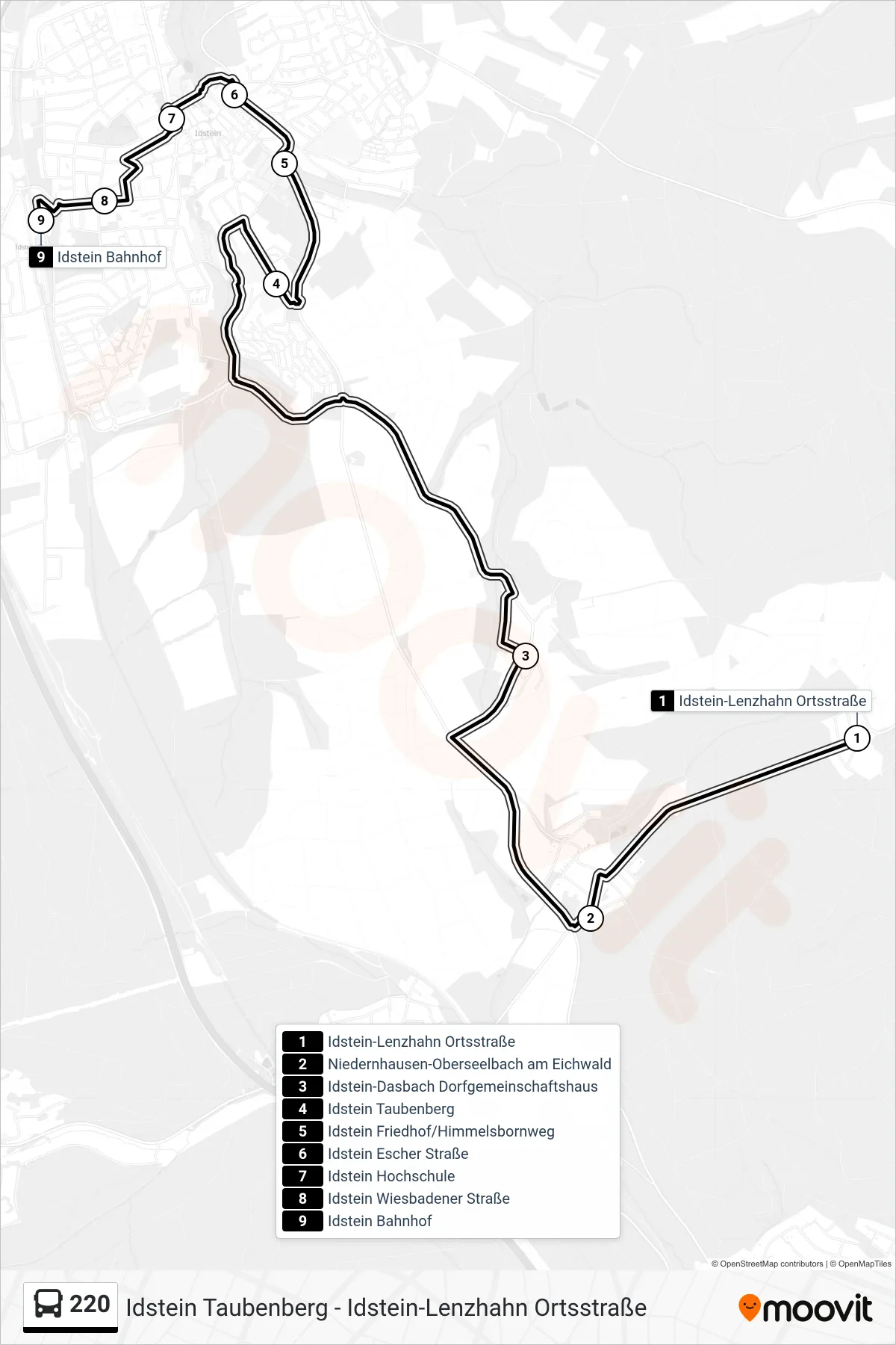 220 bus Line (Idstein Bahnhof) route and stops on a map