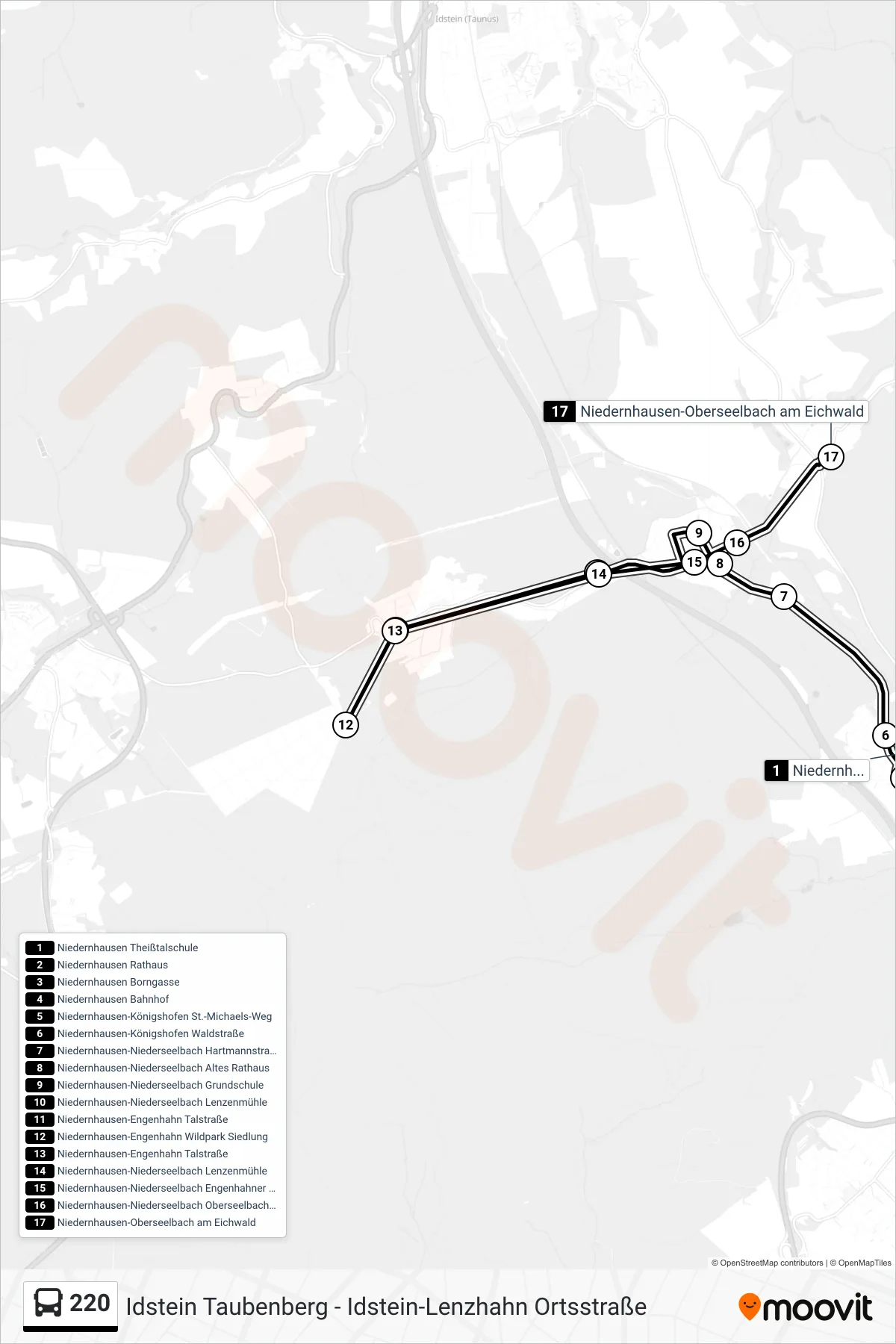 220 bus Line (Niedernhausen-Oberseelbach am Eichwald) route and stops on a map