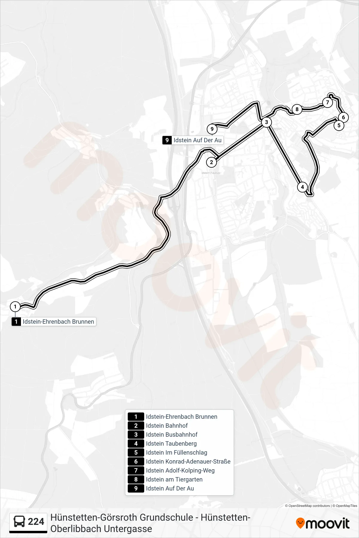 Linie 224 (Bus) Richtung Idstein Auf Der Au: Route und Haltestellen auf der Karte