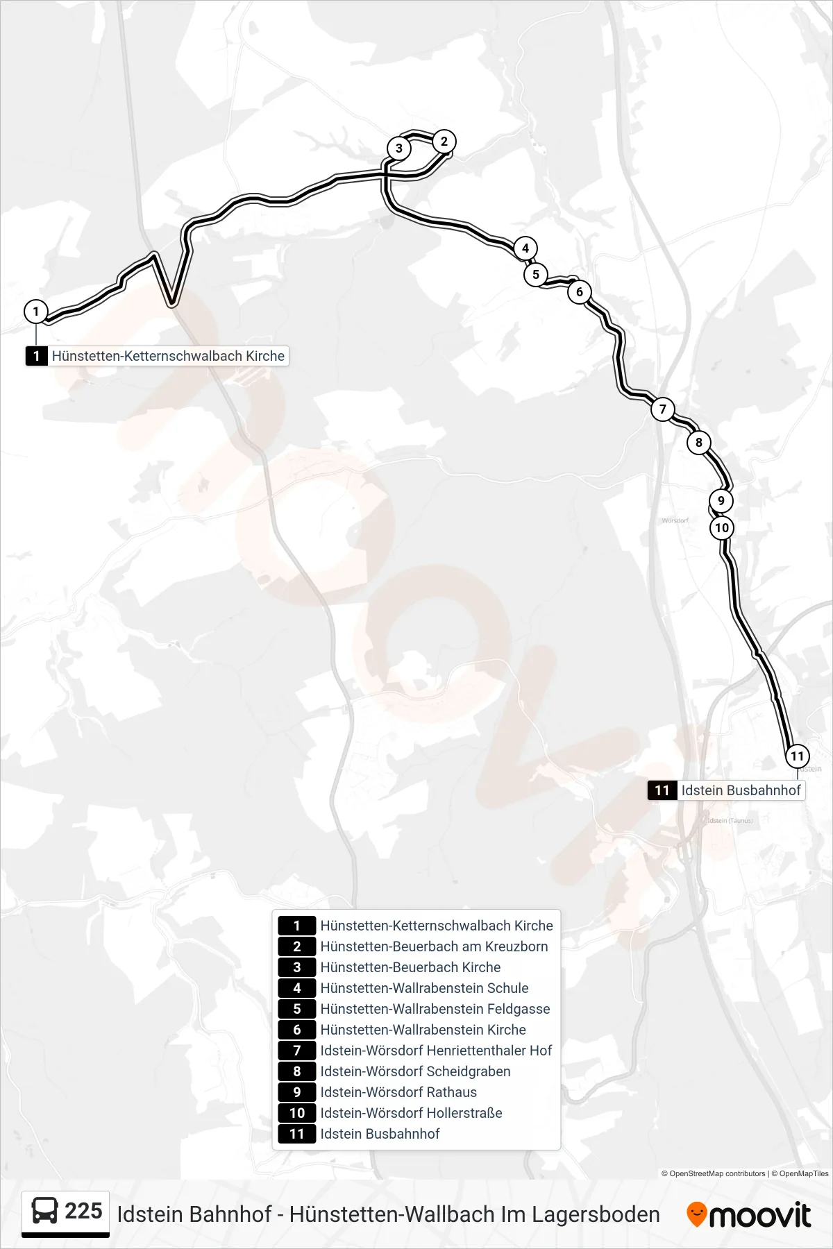 225 bus Line (Idstein Busbahnhof) route and stops on a map