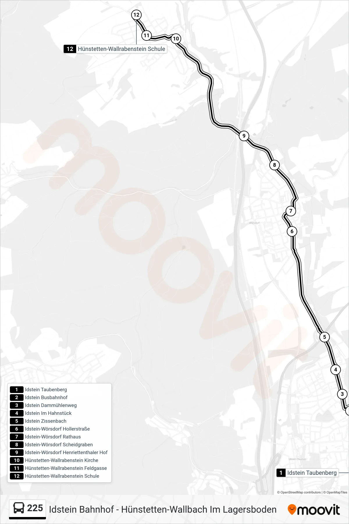 225 bus Line (Hünstetten-Wallrabenstein Schule) route and stops on a map