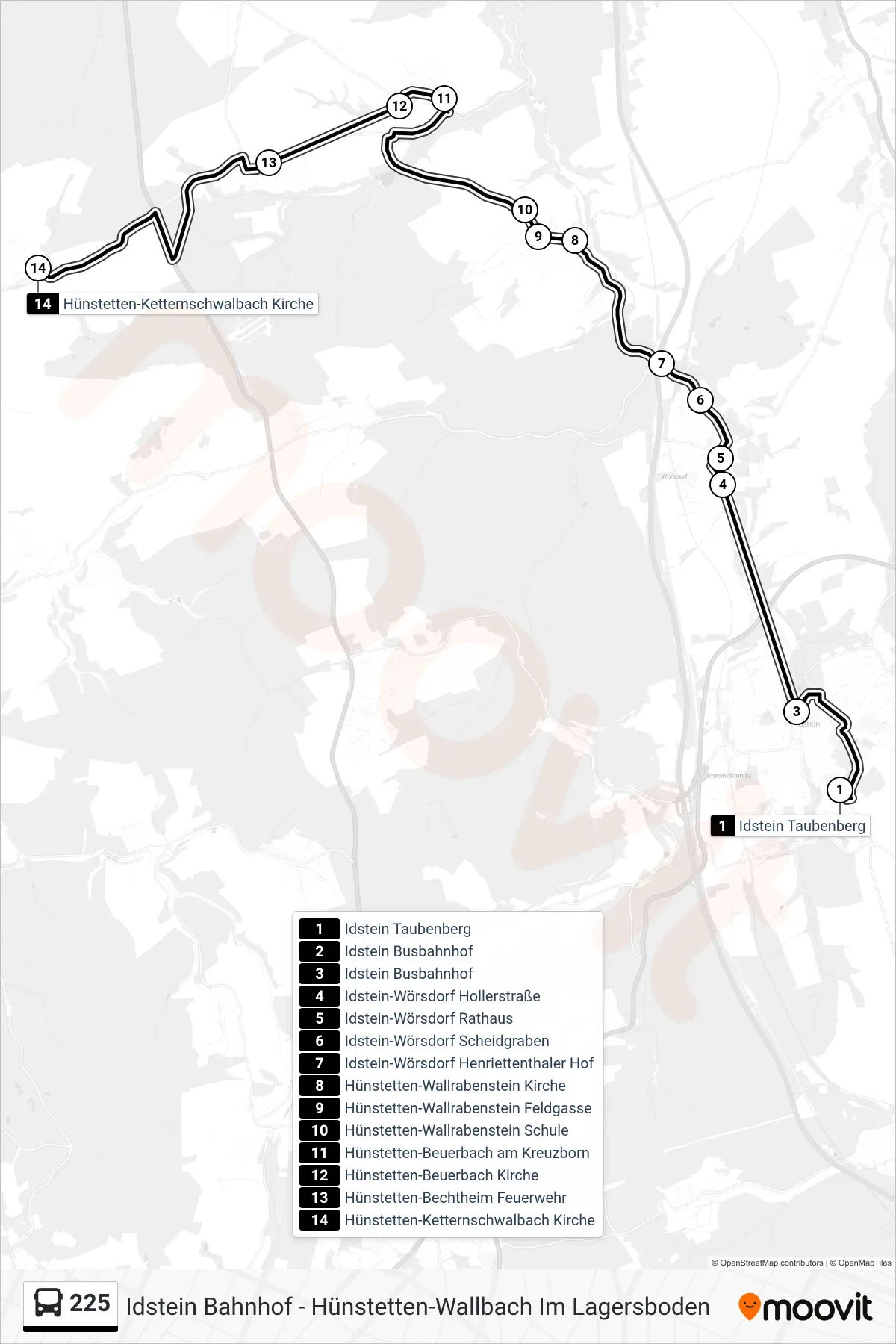 225 bus Line (Hünstetten-Ketternschwalbach Kirche) route and stops on a map