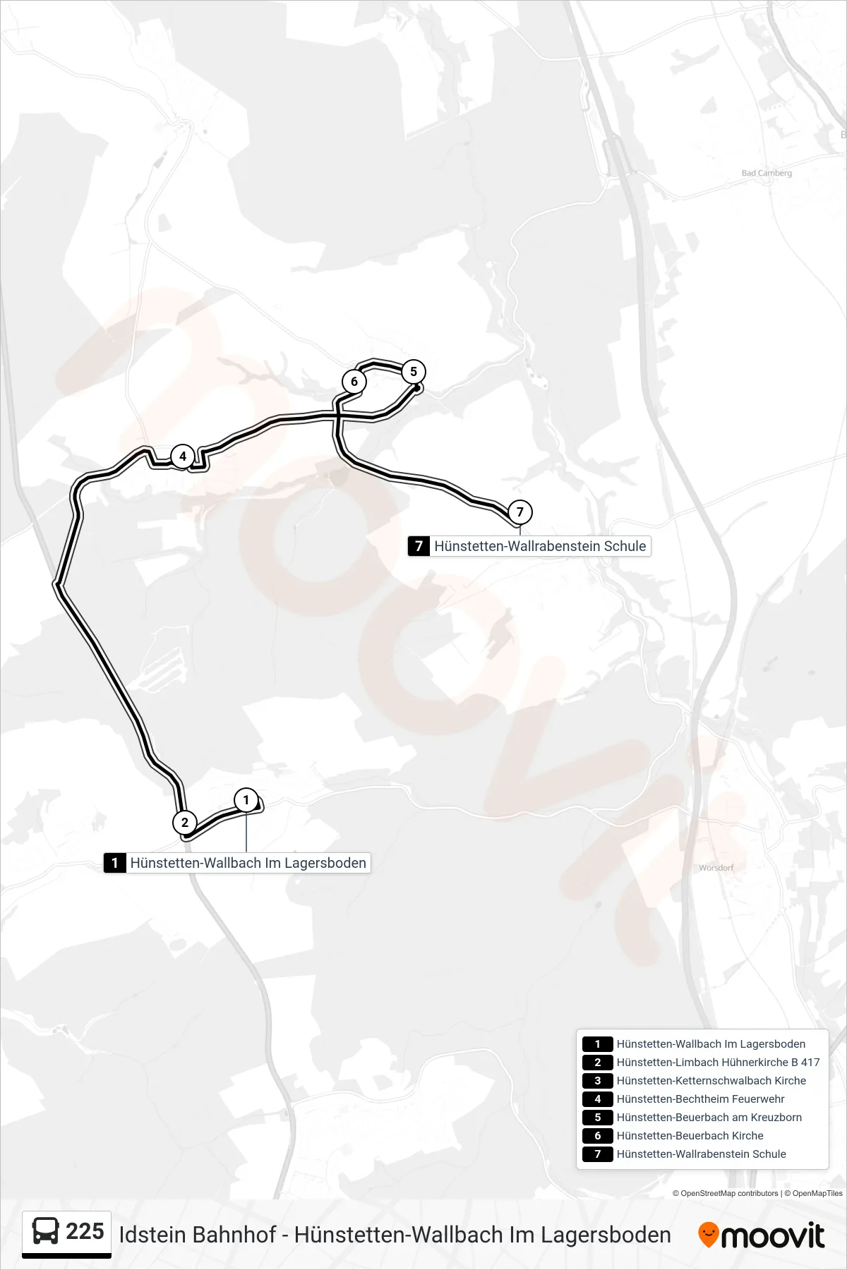 225 bus Line (Hünstetten-Wallrabenstein Schule) route and stops on a map