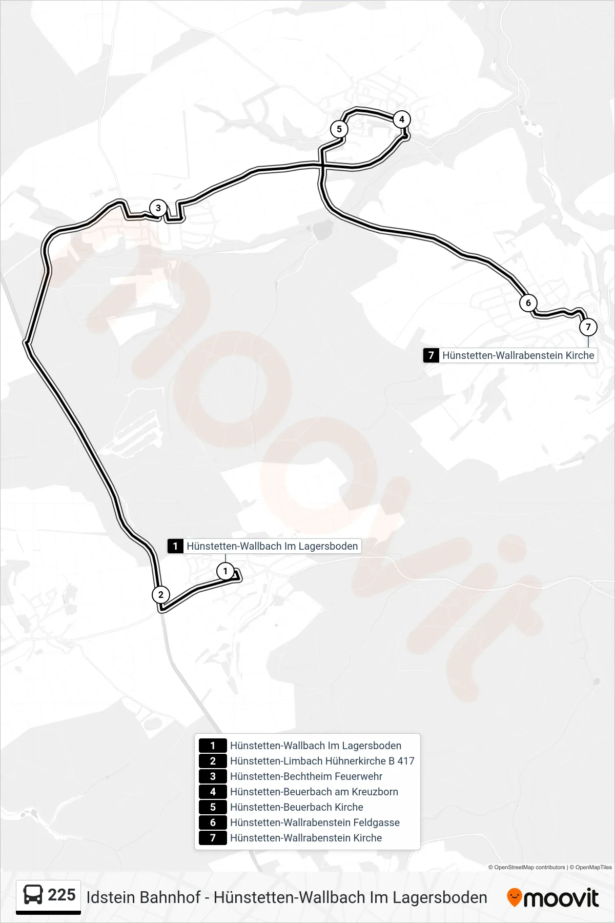 225 bus Line (Hünstetten-Wallrabenstein Kirche) route and stops on a map