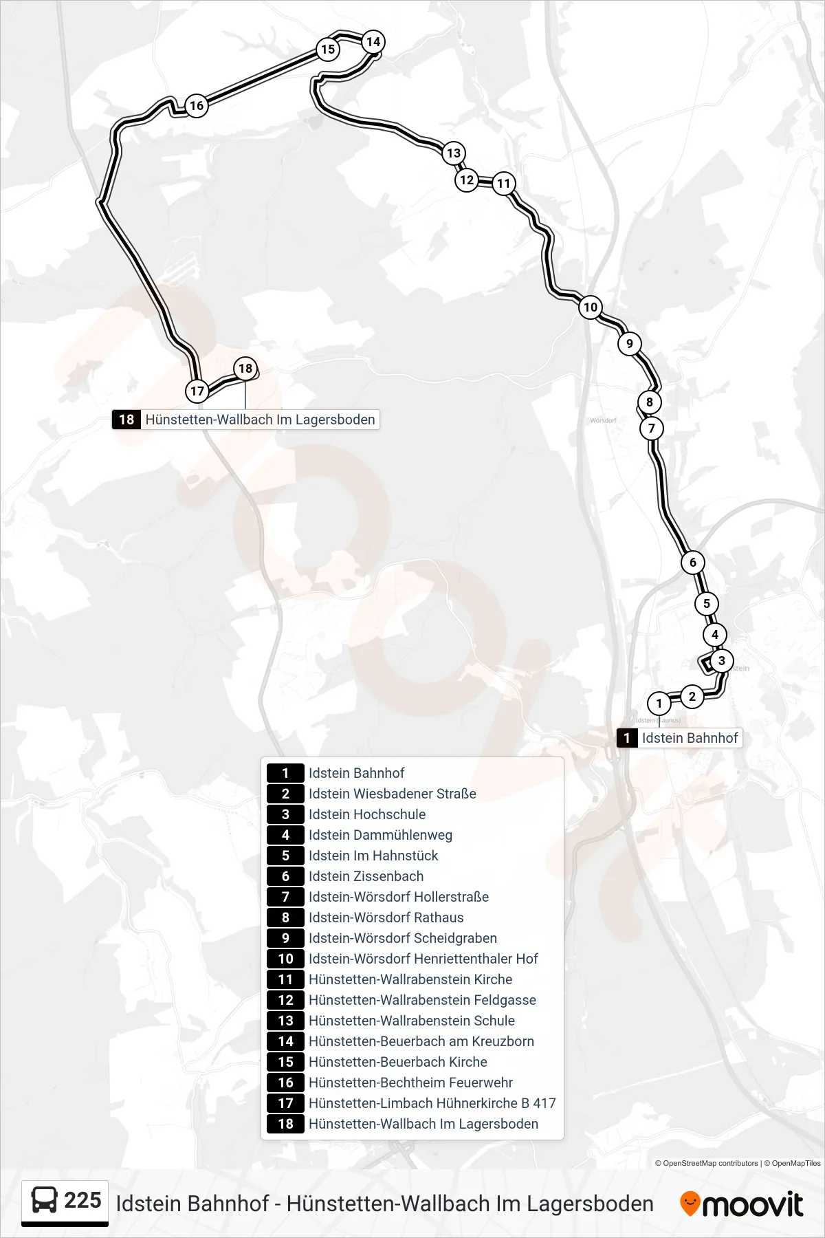 Linie 225 (Bus) Richtung Hünstetten-Wallbach Im Lagersboden: Route und Haltestellen auf der Karte