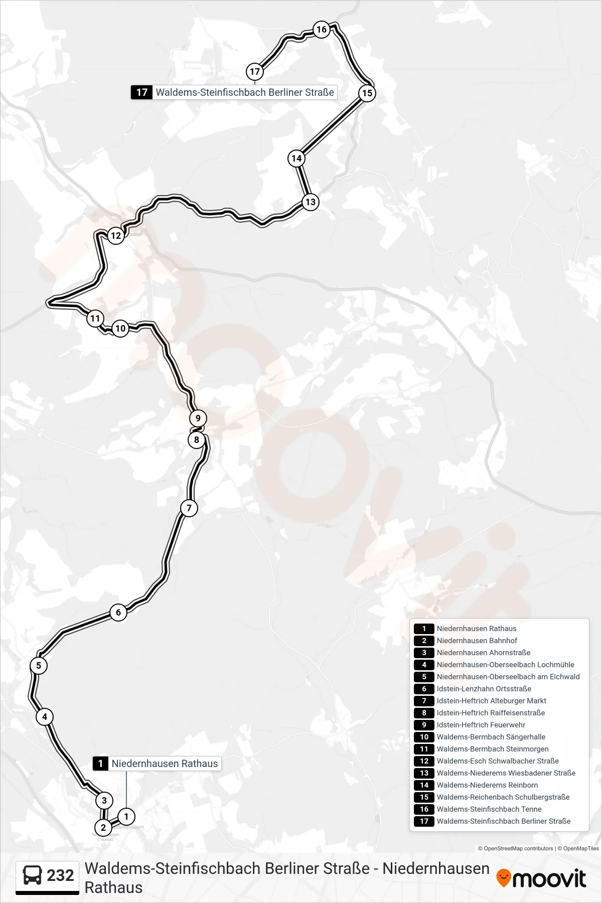 232 bus Line (Waldems-Steinfischbach Berliner Straße) route and stops on a map