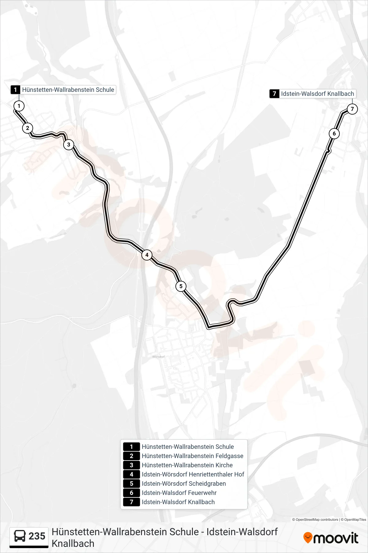 Linie 235 (Bus) Richtung Idstein-Walsdorf Knallbach: Route und Haltestellen auf der Karte