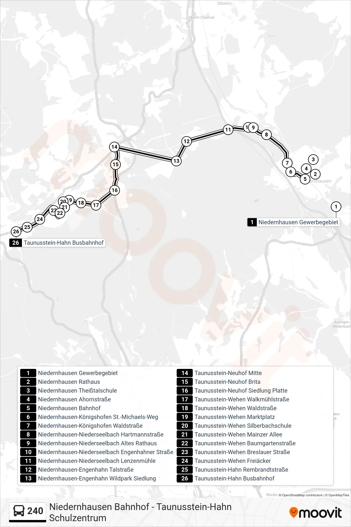 240 bus Line (Taunusstein-Hahn Busbahnhof) route and stops on a map