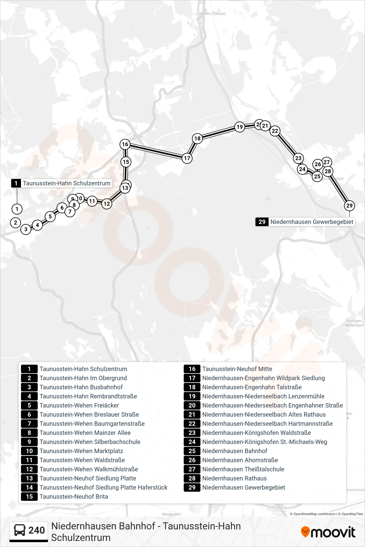 240 bus Line (Niedernhausen Gewerbegebiet) route and stops on a map