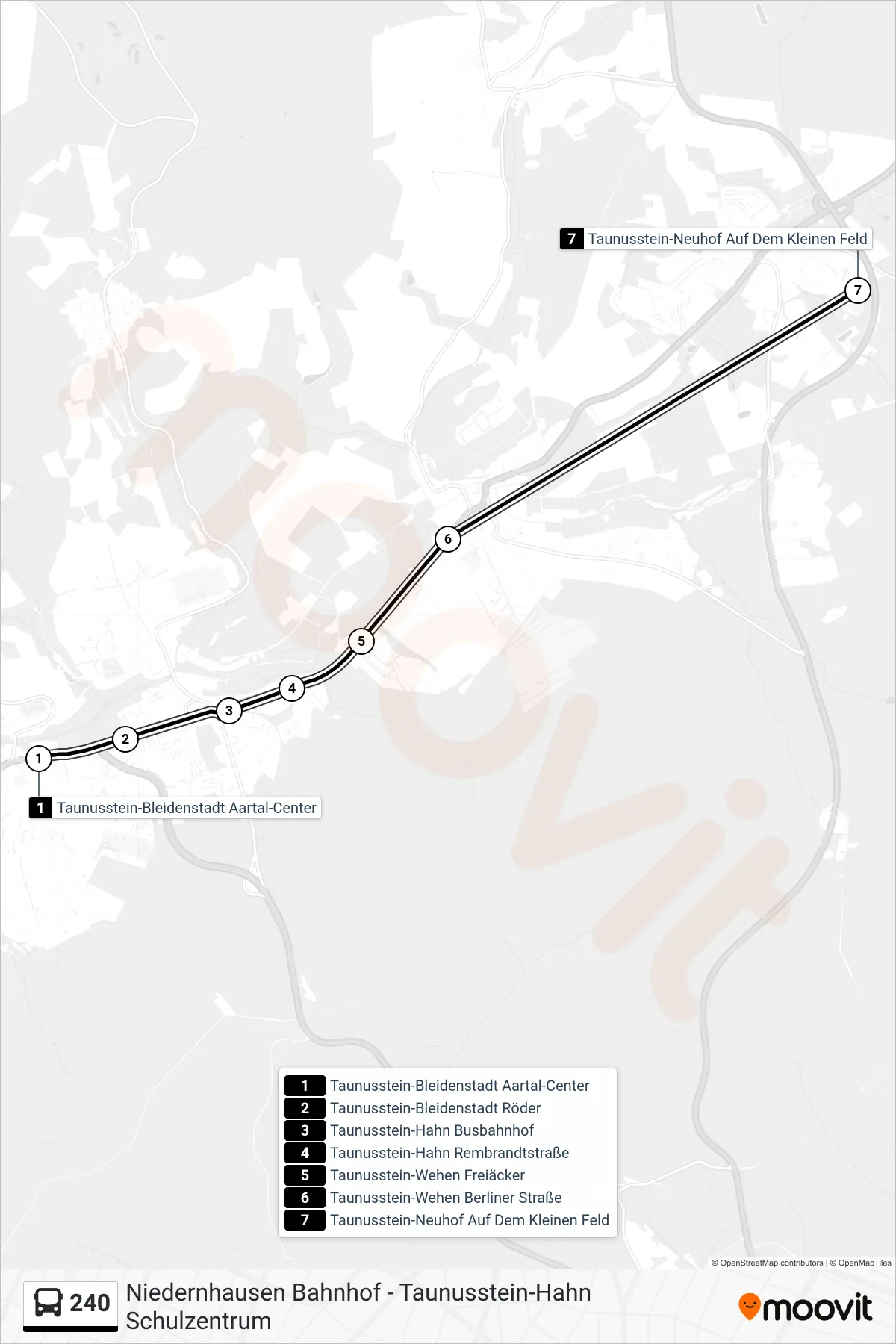 240 bus Line (Taunusstein-Neuhof Auf Dem Kleinen Feld) route and stops on a map