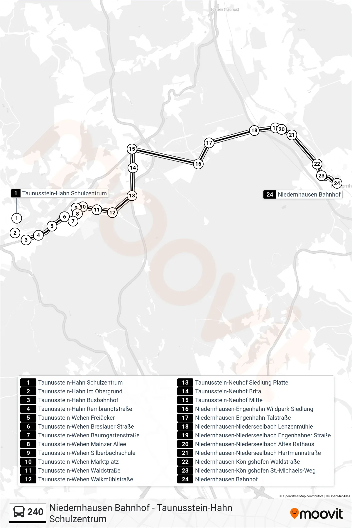 240 bus Line (Niedernhausen Bahnhof) route and stops on a map