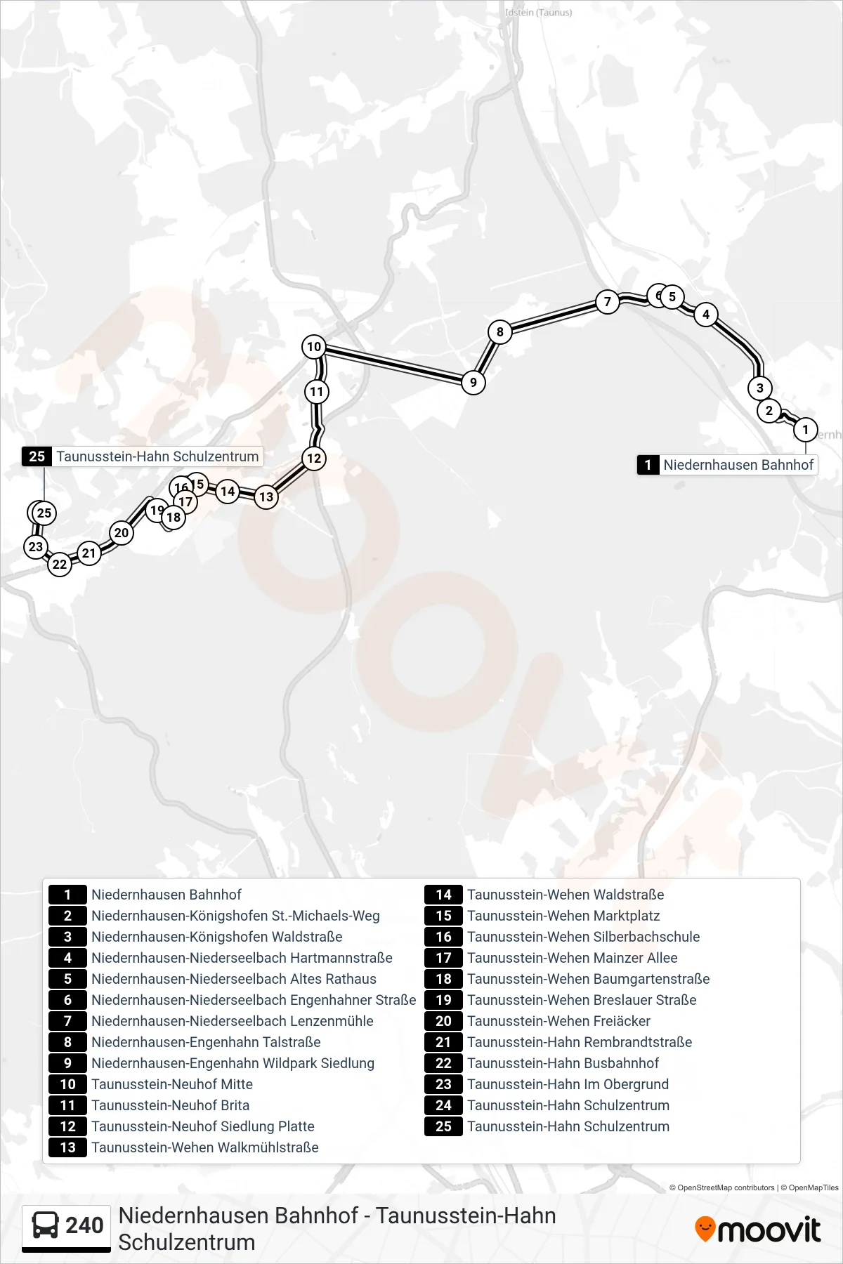 240 bus Line (Taunusstein-Hahn Schulzentrum) route and stops on a map