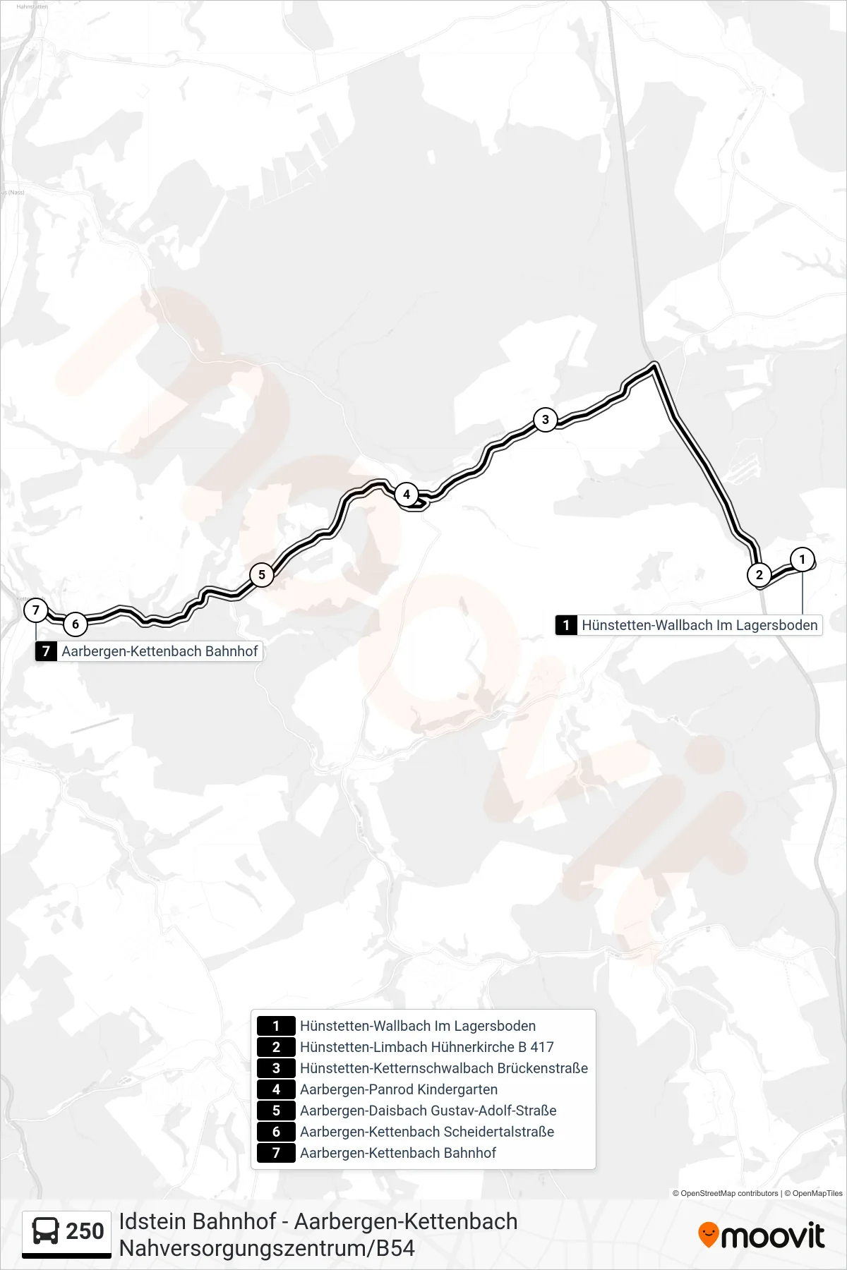 250 bus Line (Aarbergen-Kettenbach Bahnhof) route and stops on a map