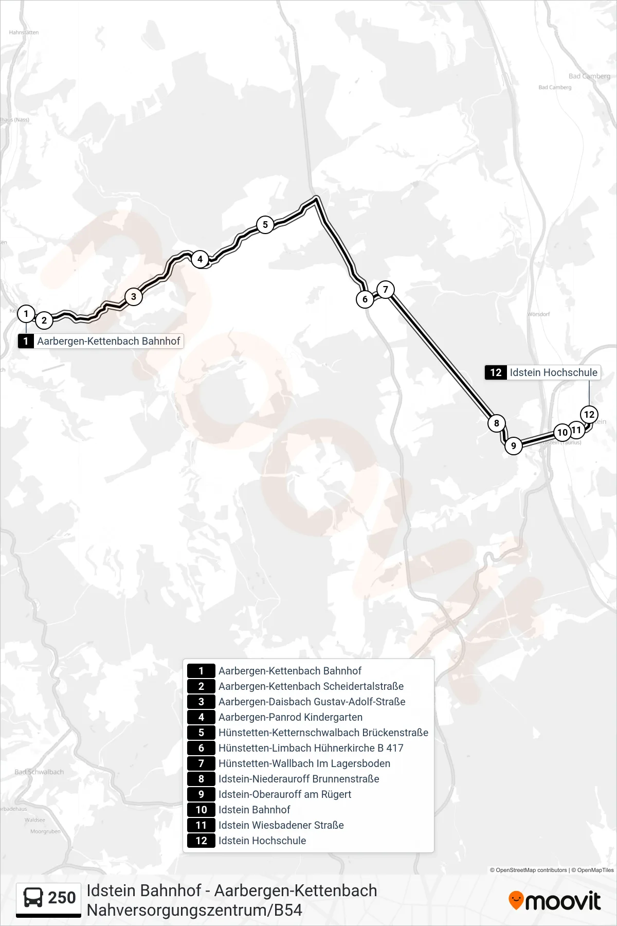 250 bus Line (Idstein Hochschule) route and stops on a map