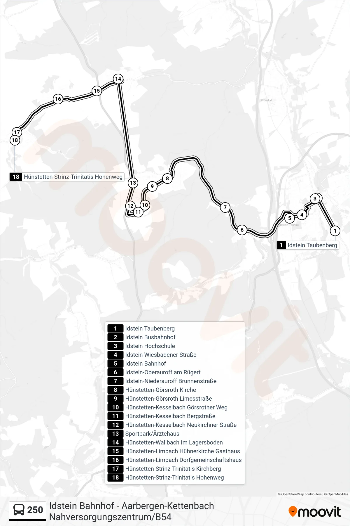 Linie 250 (Bus) Richtung Hünstetten-Strinz-Trinitatis Hohenweg: Route und Haltestellen auf der Karte
