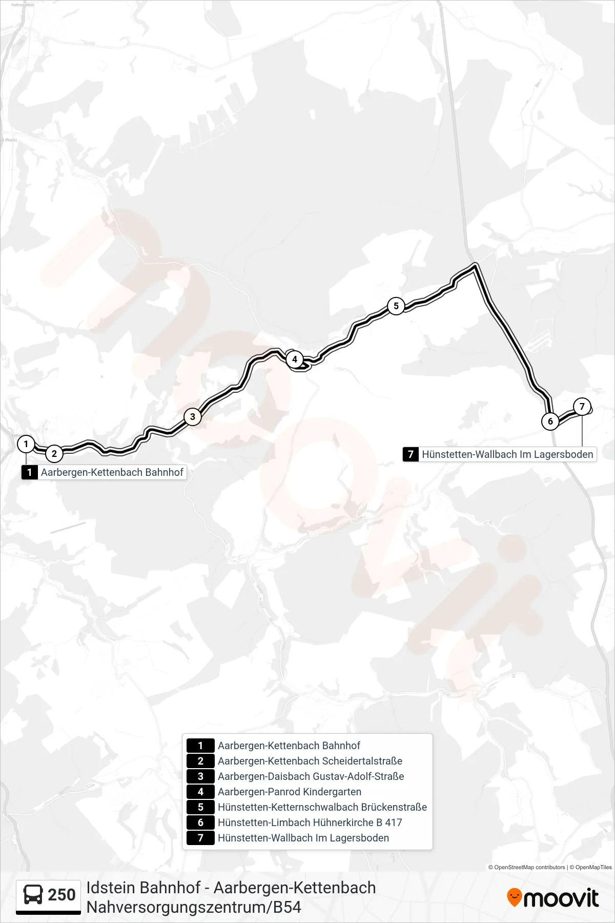 250 bus Line (Hünstetten-Wallbach Im Lagersboden) route and stops on a map