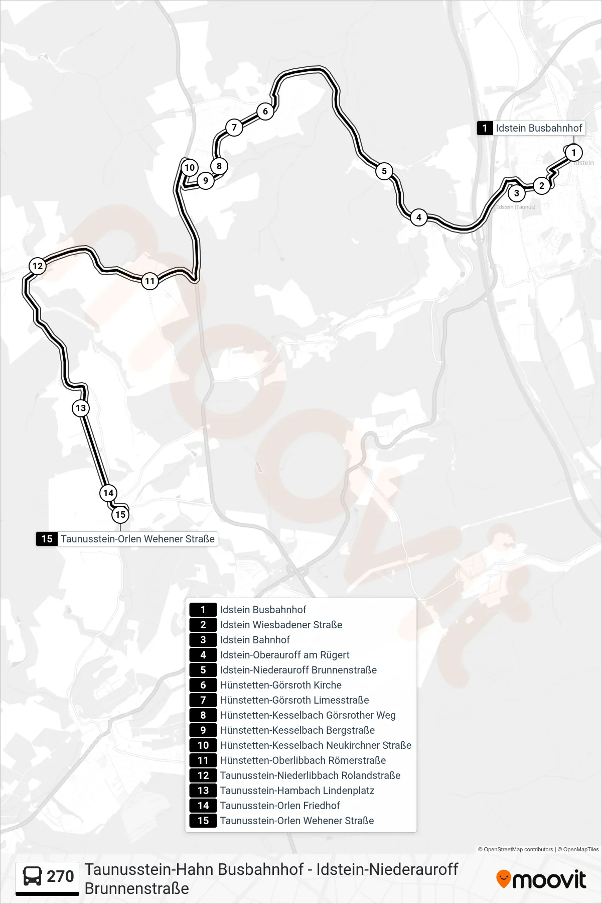 270 bus Line (Taunusstein-Orlen Wehener Straße) route and stops on a map