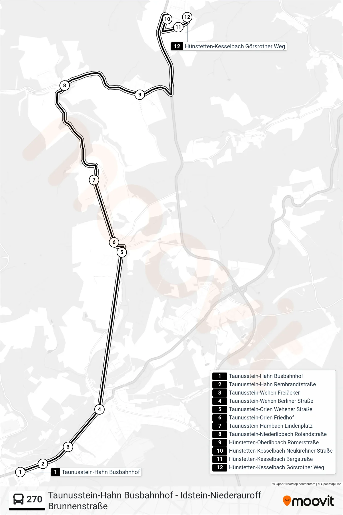 270 bus Line (Hünstetten-Kesselbach Görsrother Weg) route and stops on a map